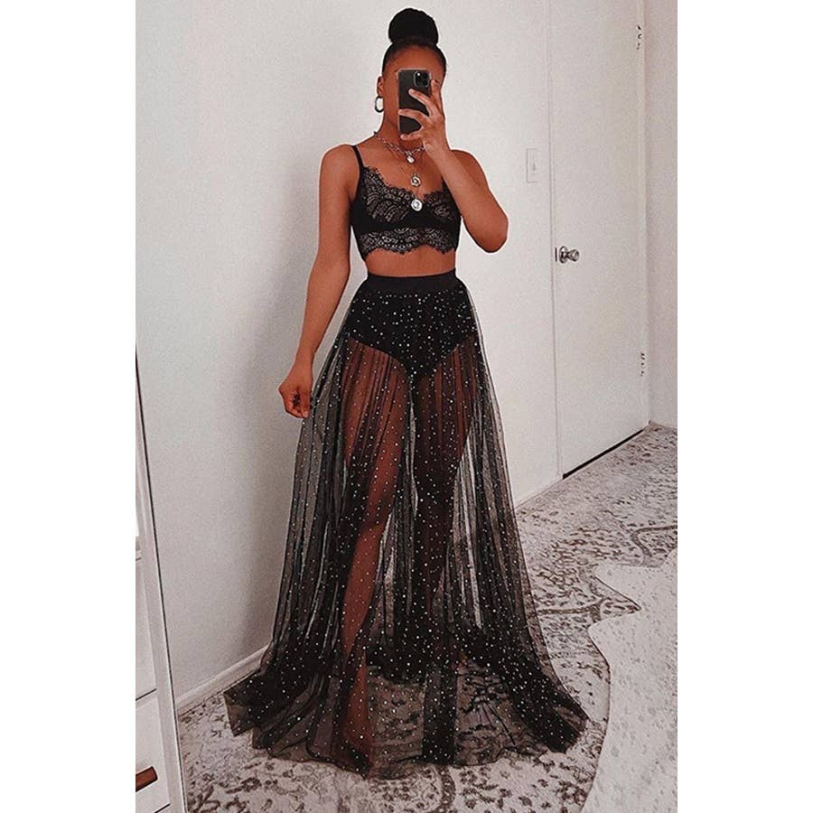 Maxi Sexy Sheer Mesh Bronzing Big Hem Skirt