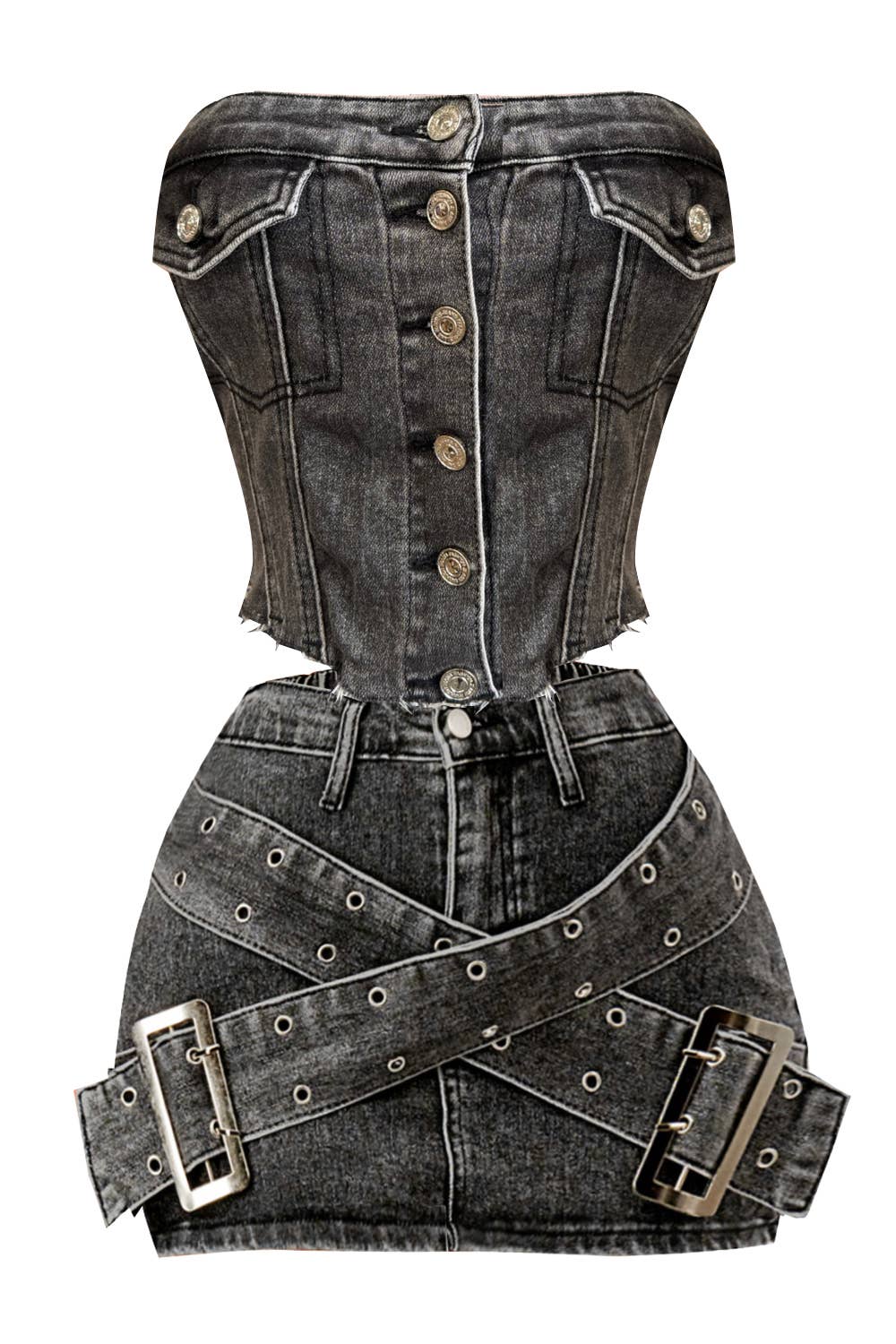 Acid Washed Black Strapless Denim Set