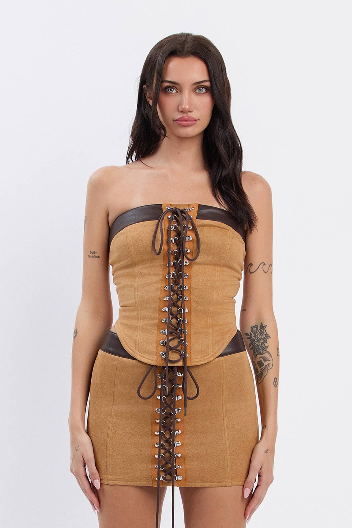 Suede lace up tube top w/ pu trim