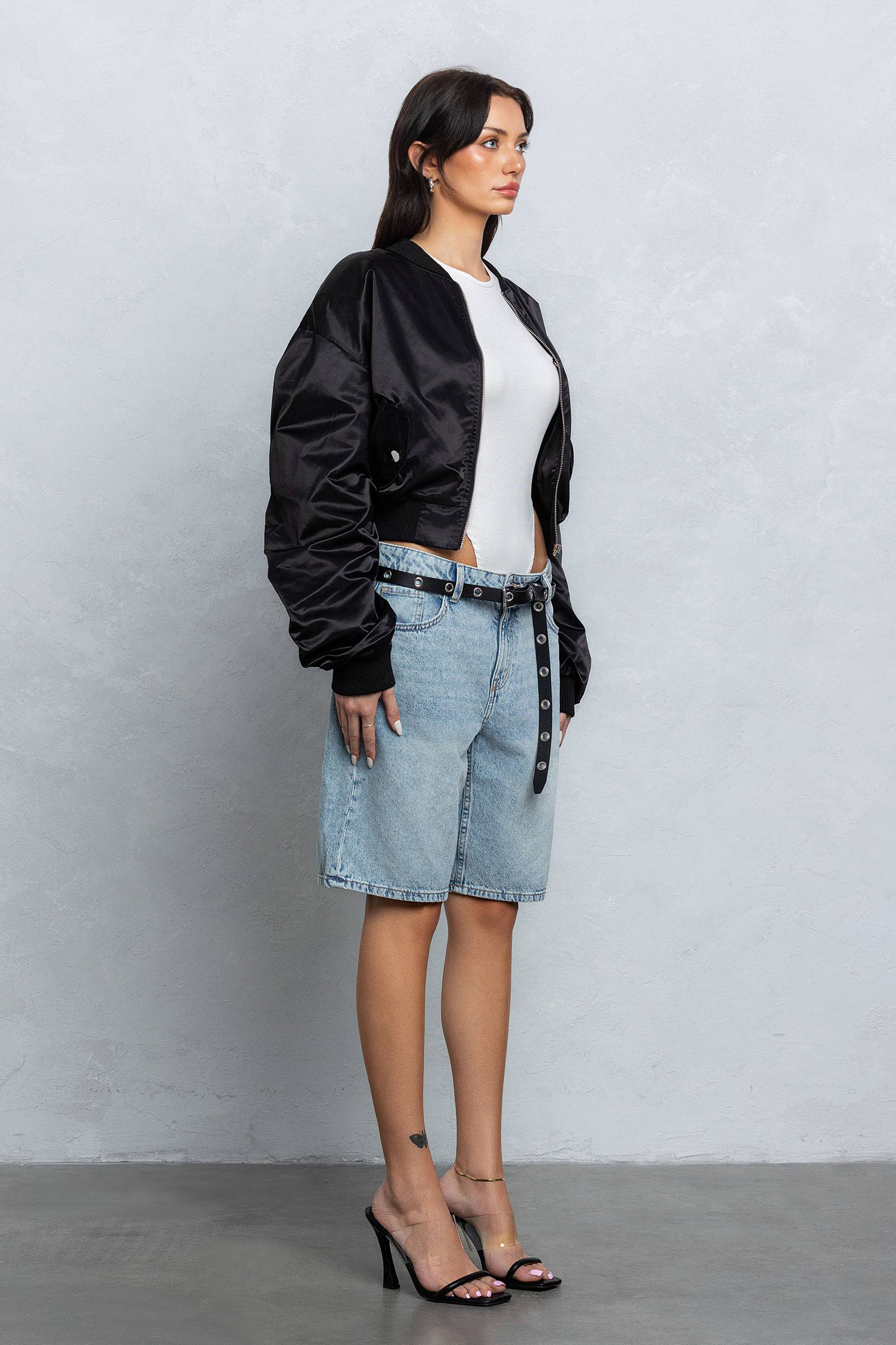 Image of Satin zipper bomber jacket w/ pu patch embroidery