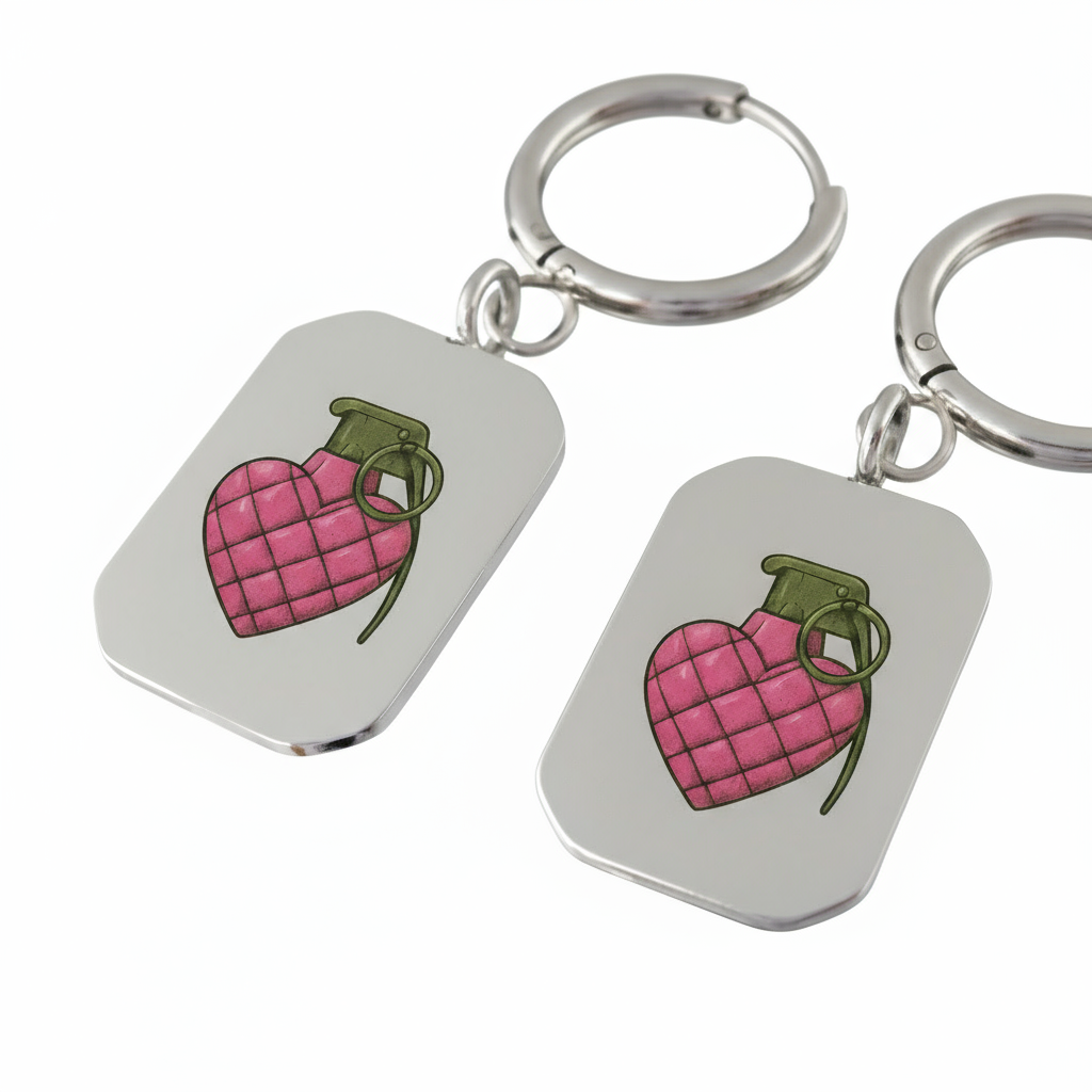 Image of Heart Grenade Dog Tag Earrings