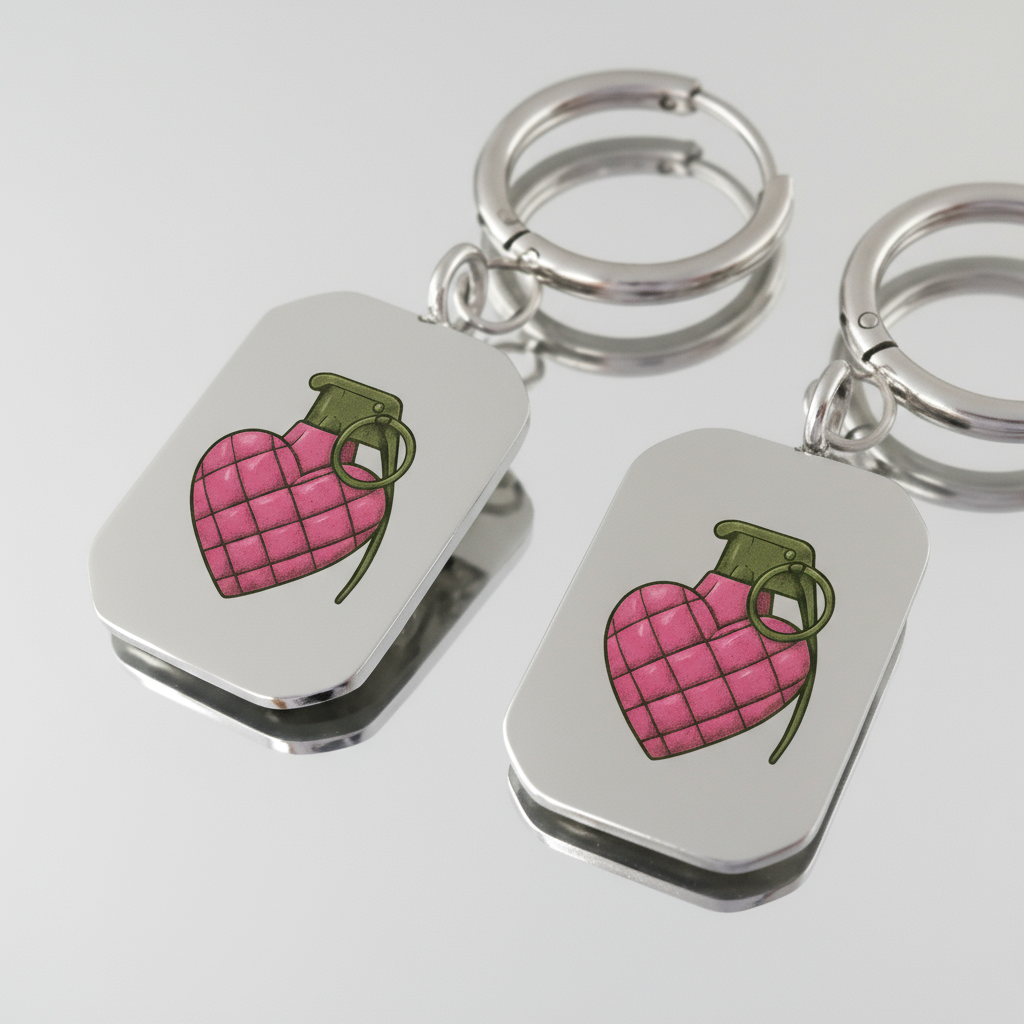 Heart Grenade Dog Tag Earrings