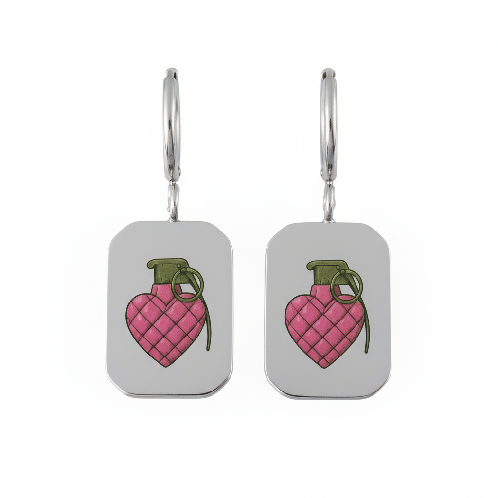 Heart Grenade Dog Tag Earrings