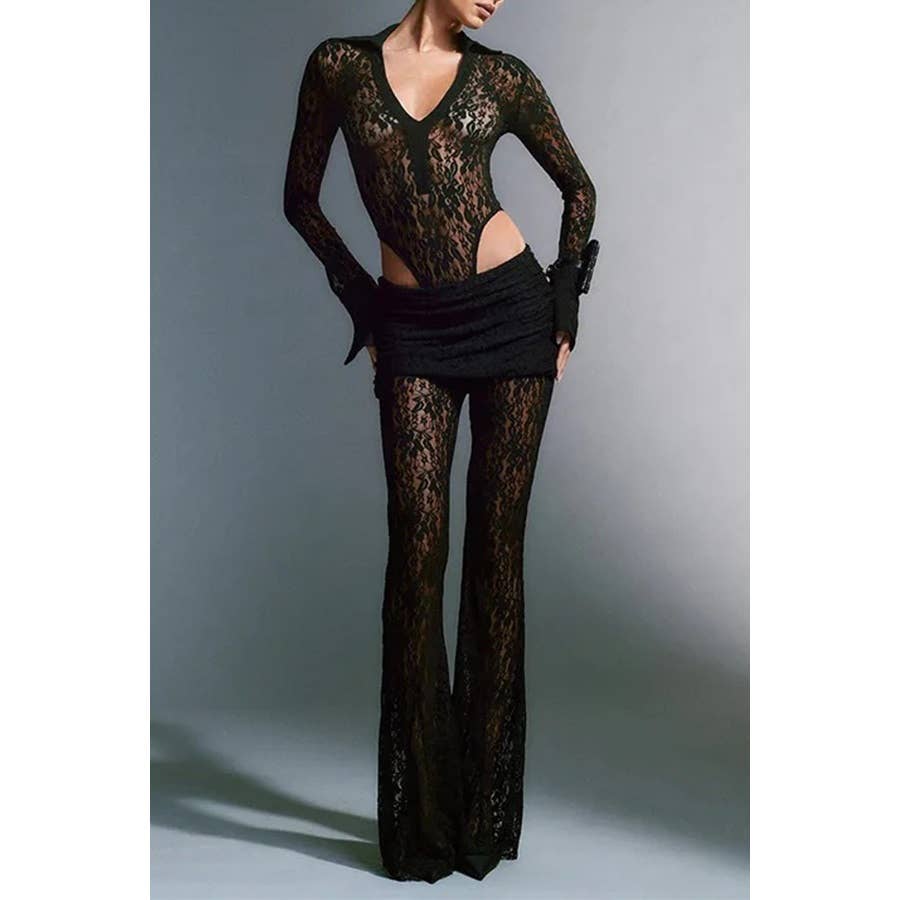 Image of Sexy Patchwork Lace See Through Straight Pants