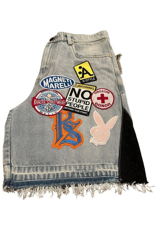 Image of Multi-patch Embroidered Denim Casual Shorts