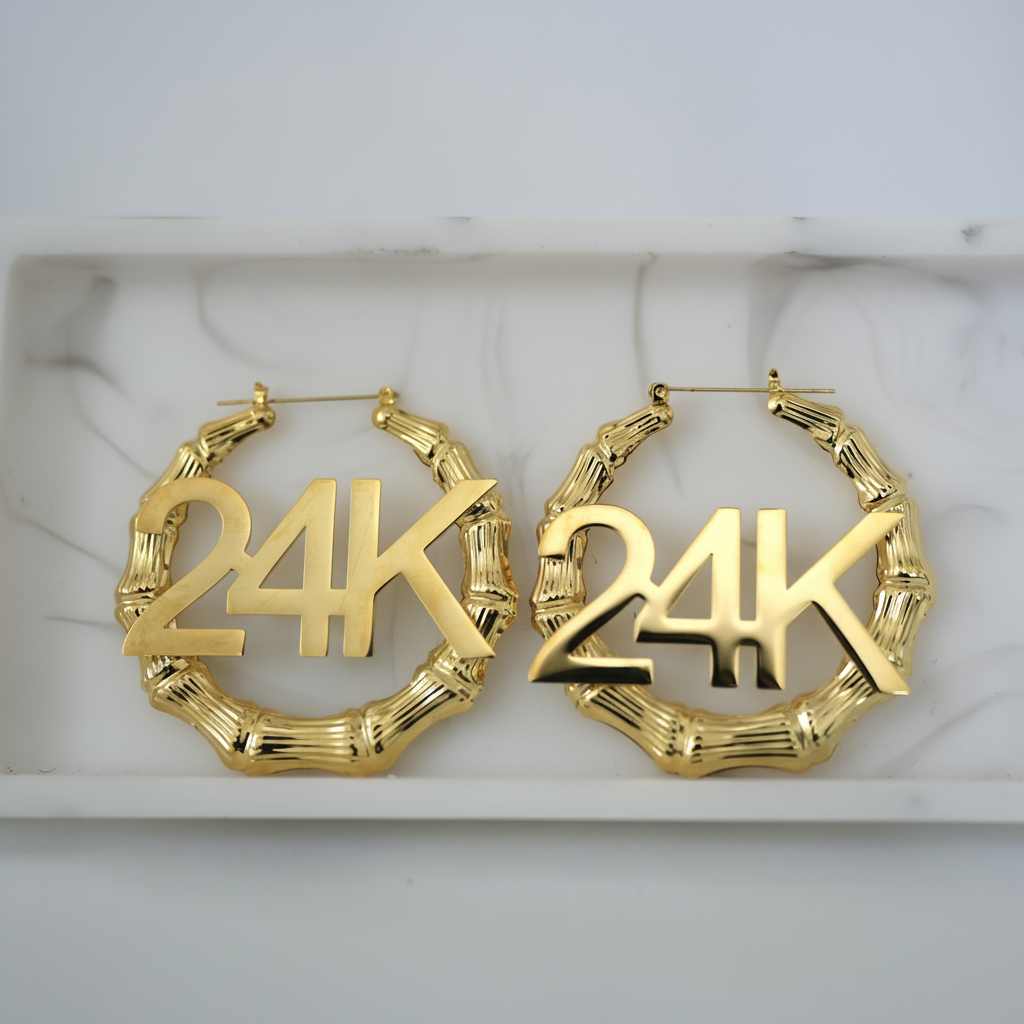 Image of 24K Hoops for Bruno Mars Concert.  Closeup of gold plated earrings