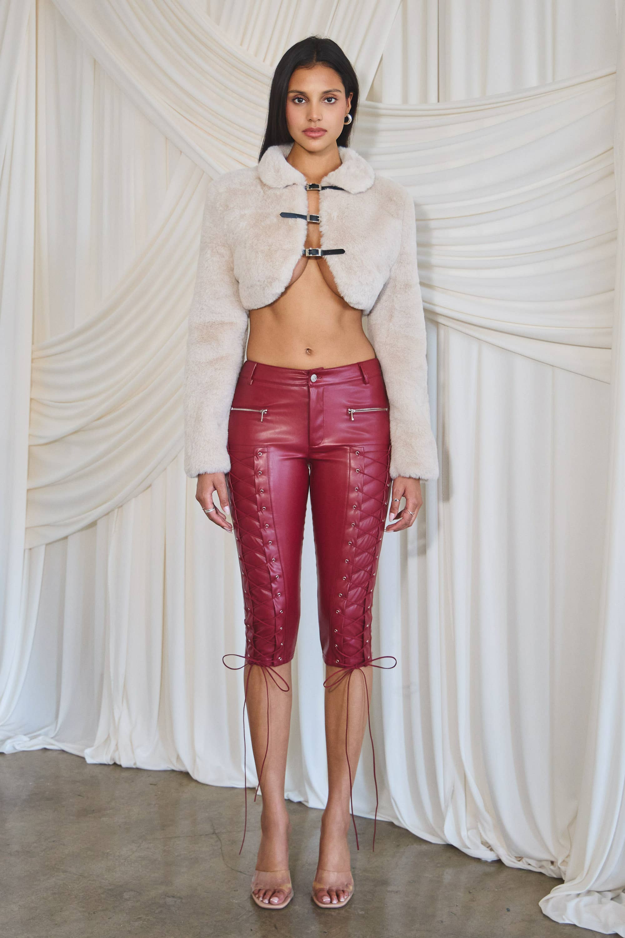 Lace up detail pleather capri pants