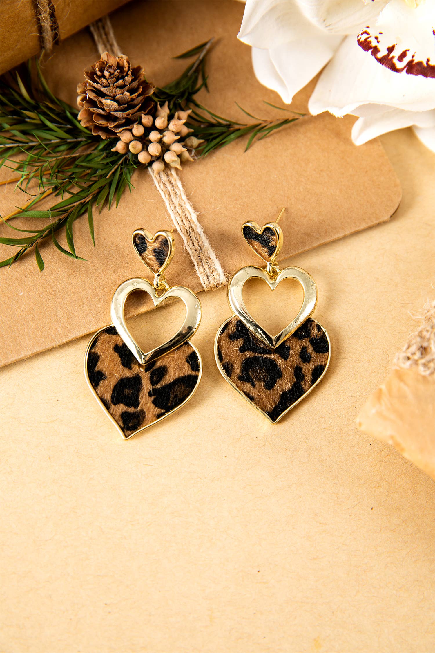 Image of Leopard Print Triple Heart Dangle Earrings