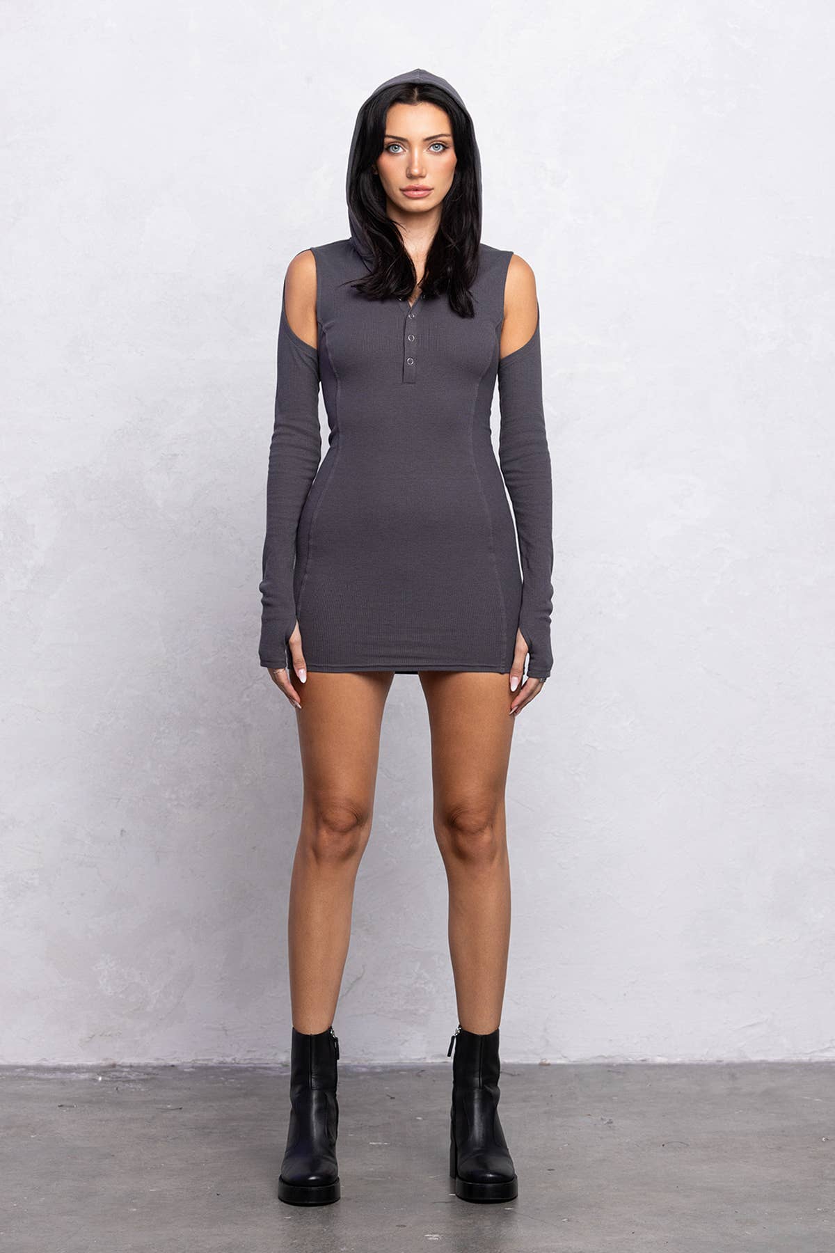 Ribbed hoodie mini dress w/ cut out details