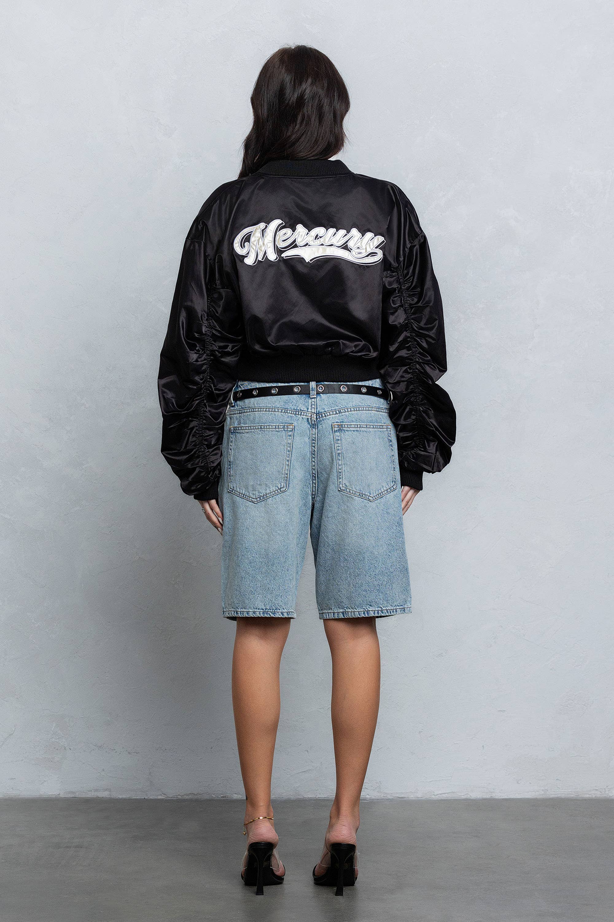 Image of Satin zipper bomber jacket w/ pu patch embroidery