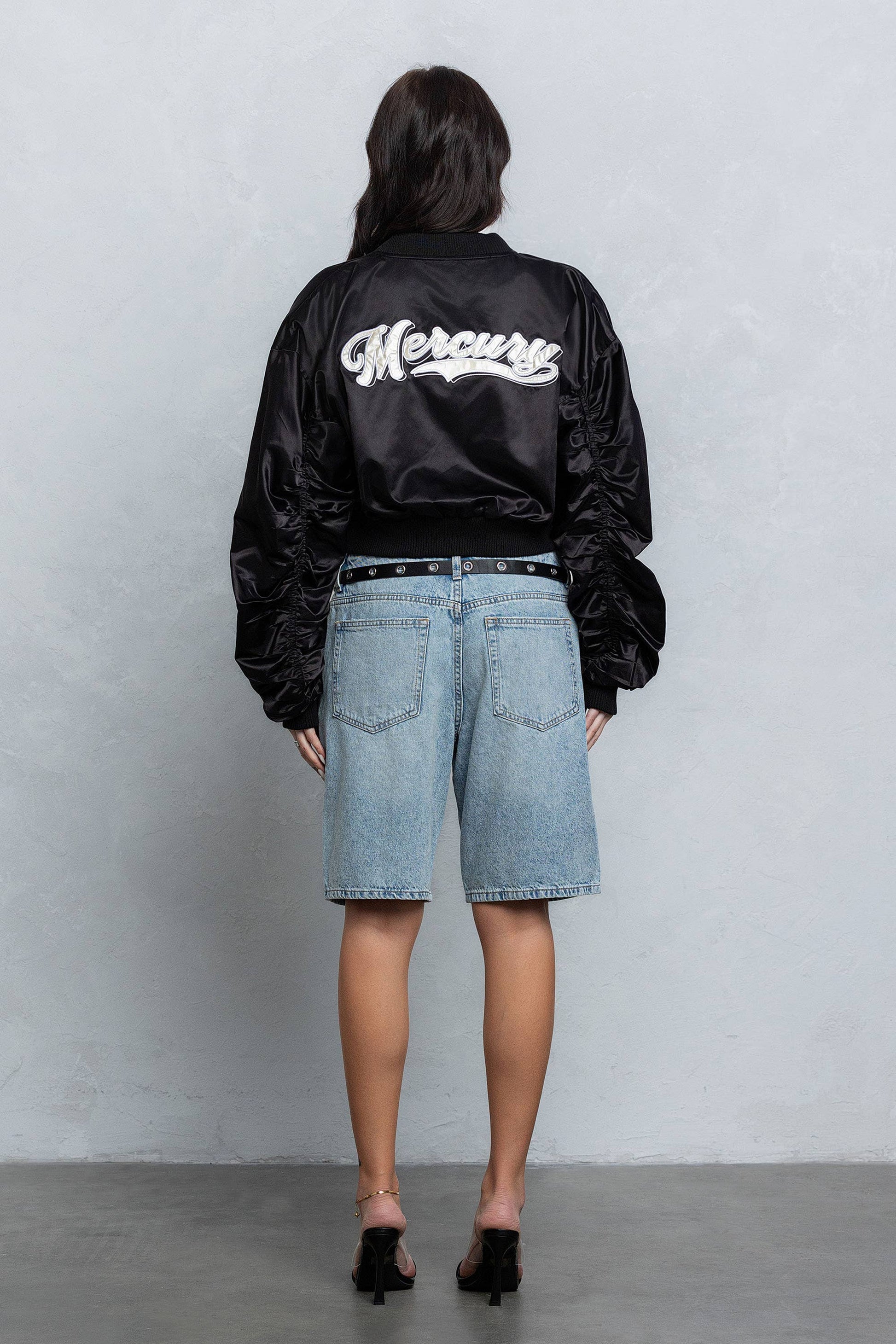 Satin zipper bomber jacket w/ pu patch embroidery