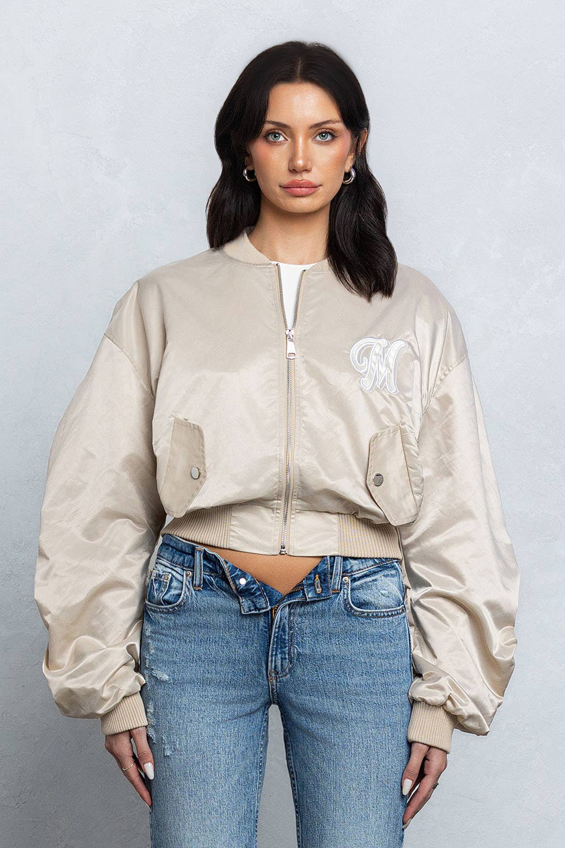 Satin zipper bomber jacket w/ pu patch embroidery