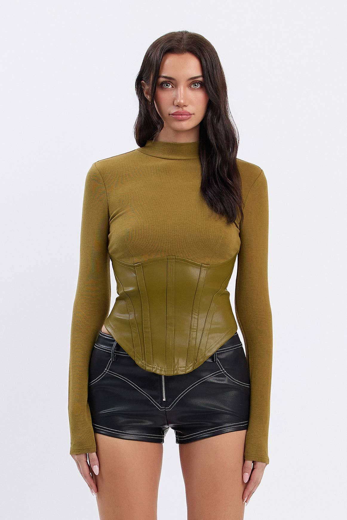 Image of Soft ribbed mock neck top w/ pu contrast