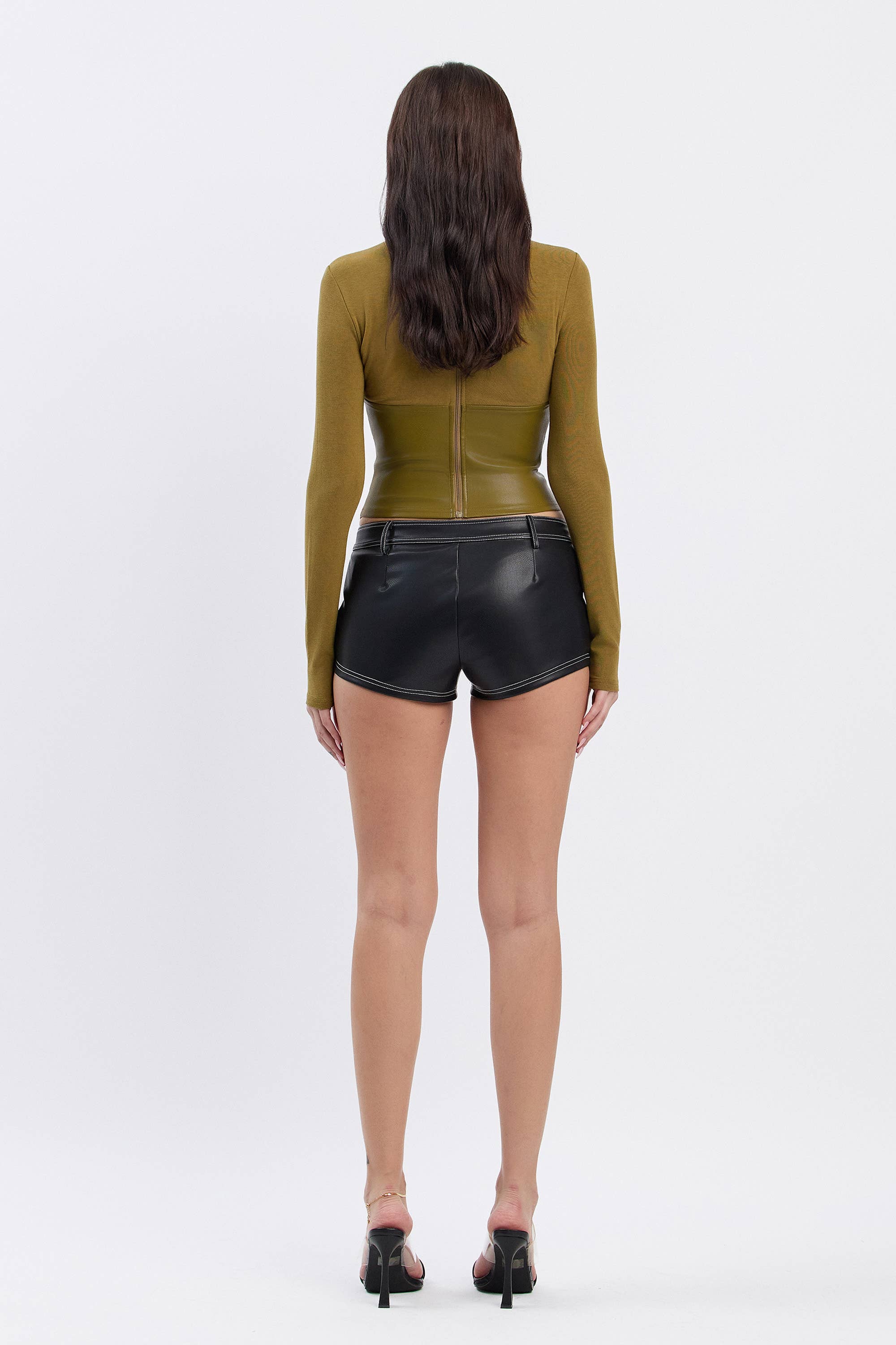 Soft ribbed mock neck top w/ pu contrast