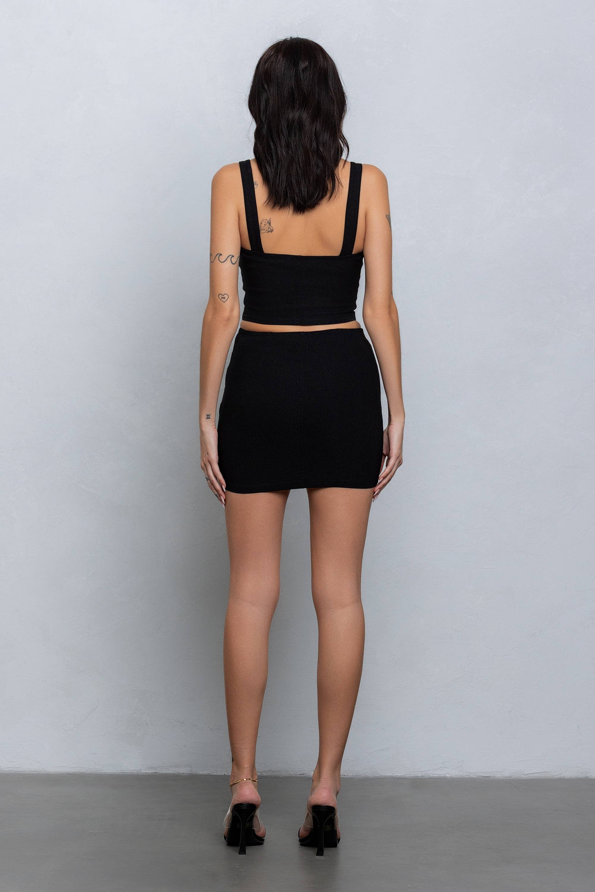 Buckle strap detail stretchy woven top & skirt set