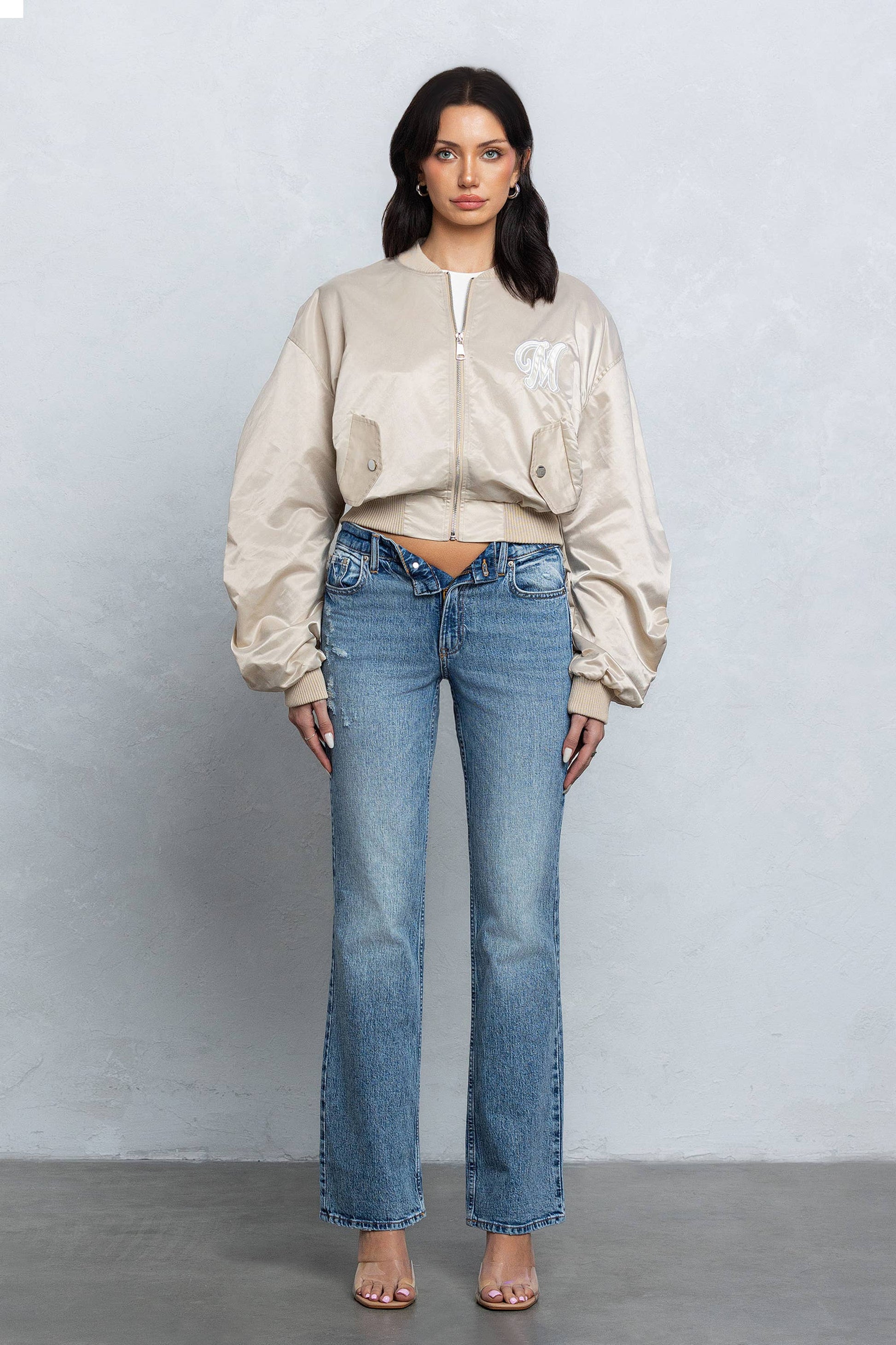 Satin zipper bomber jacket w/ pu patch embroidery