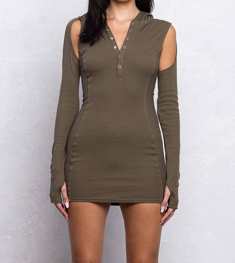 Image of Ribbed hoodie mini dress w/ cut out details
