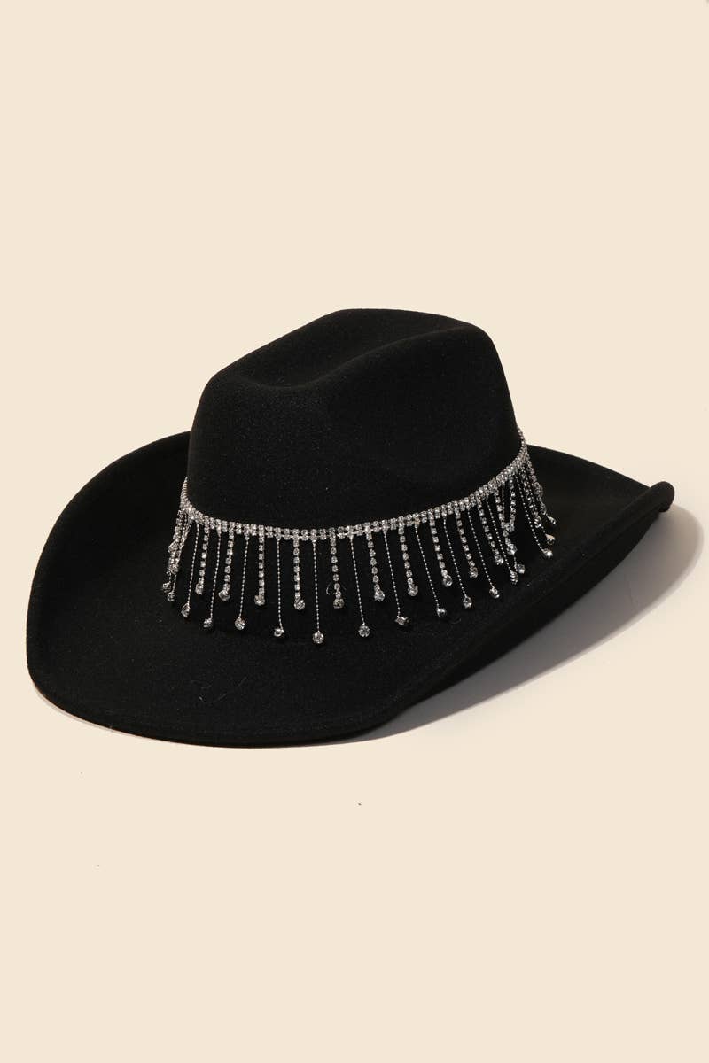 Image of Rhinestone Studded Chain Fringe Western Cowboy Hat