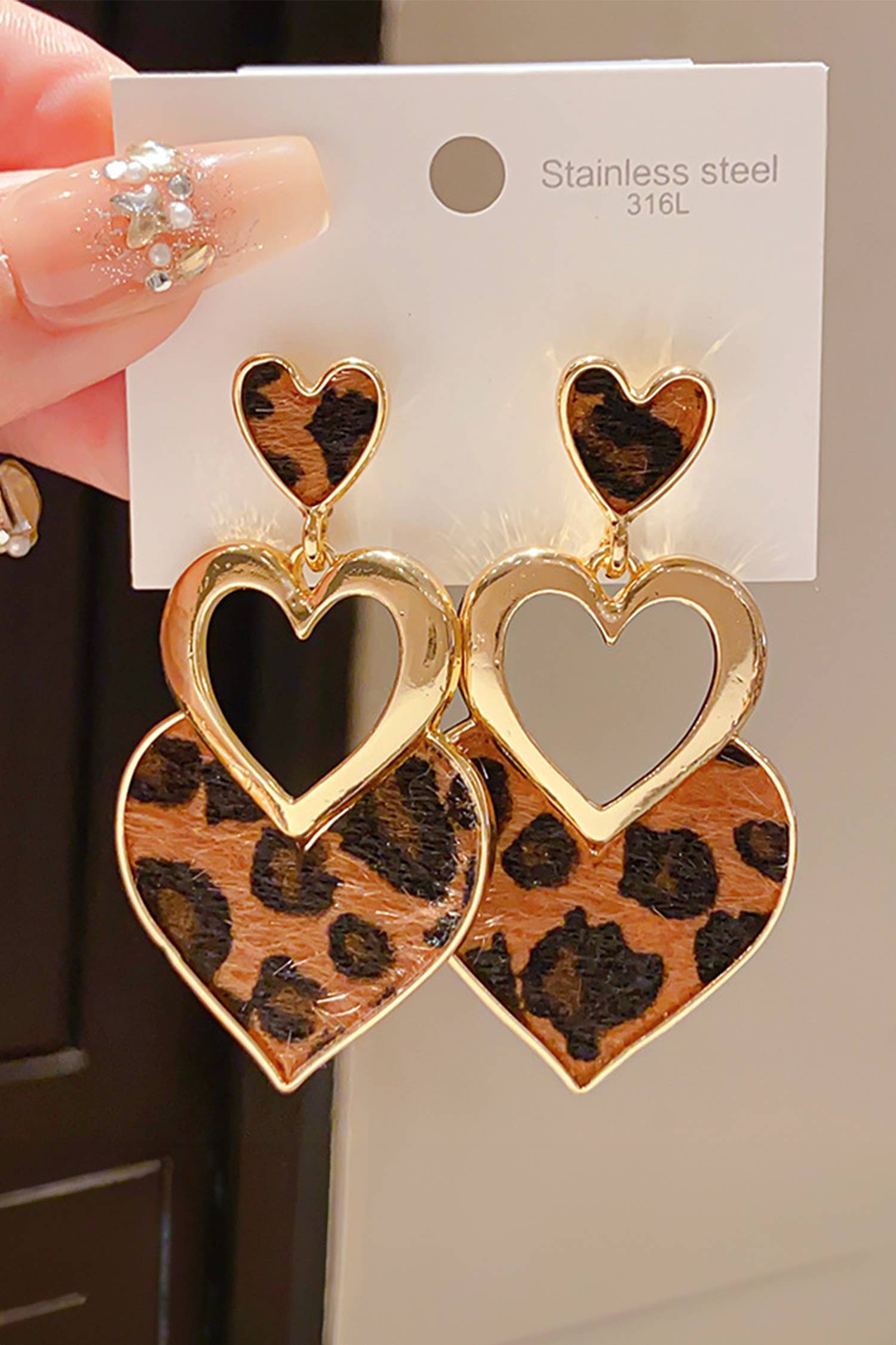 Image of Leopard Print Triple Heart Dangle Earrings