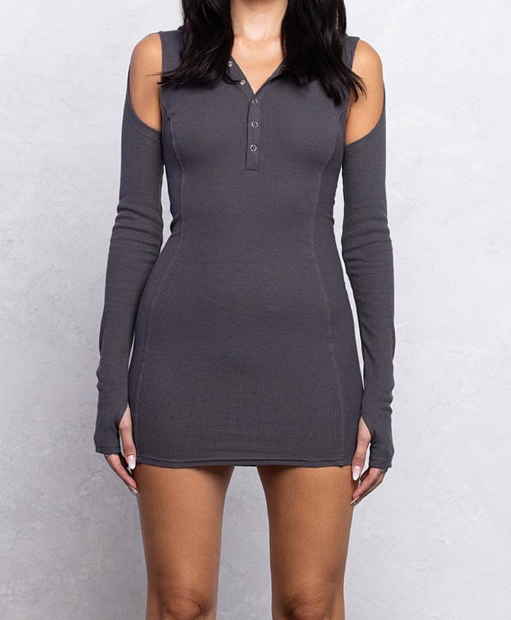 Ribbed hoodie mini dress w/ cut out details