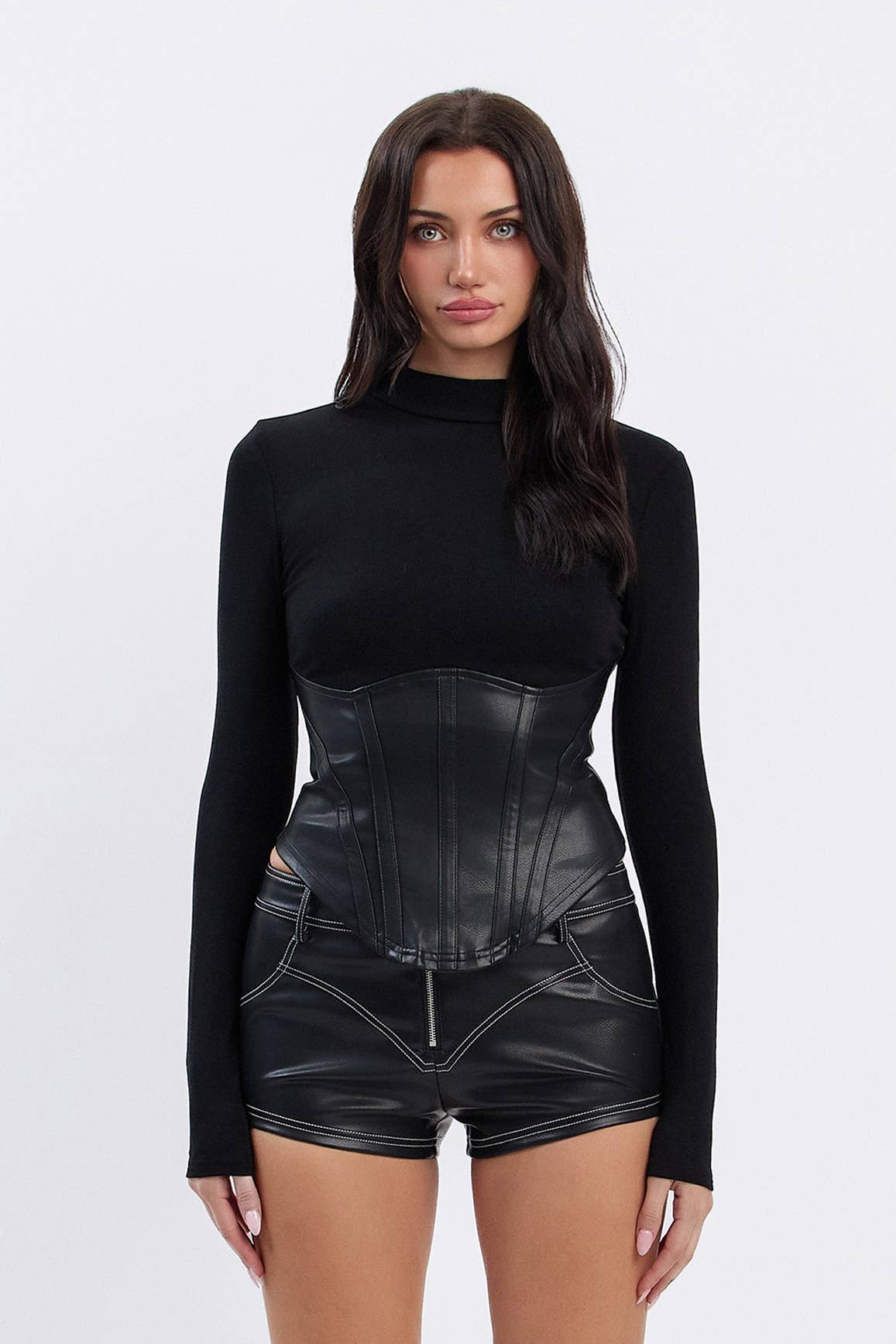 Image of Soft ribbed mock neck top w/ pu contrast