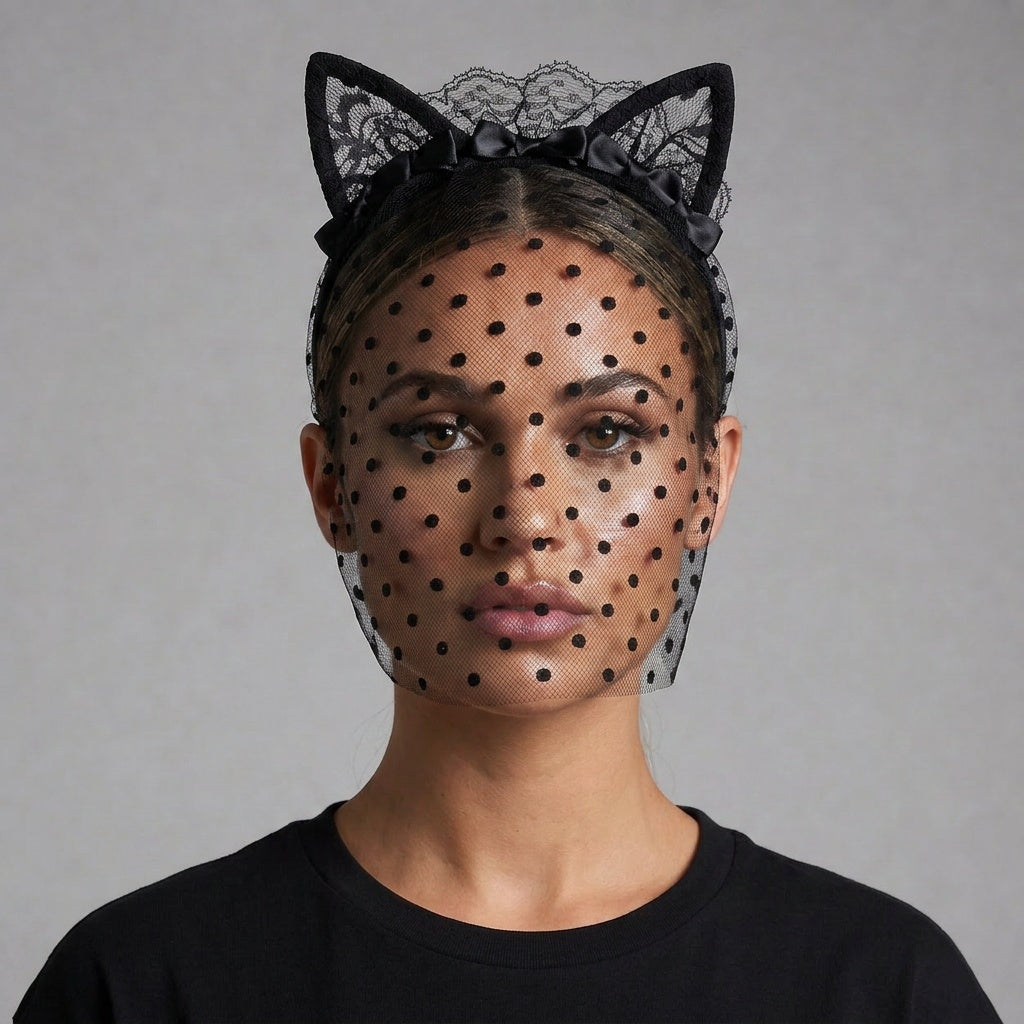 Image of Black Cat Ear Veil Headband | Lace & Polka Dots
