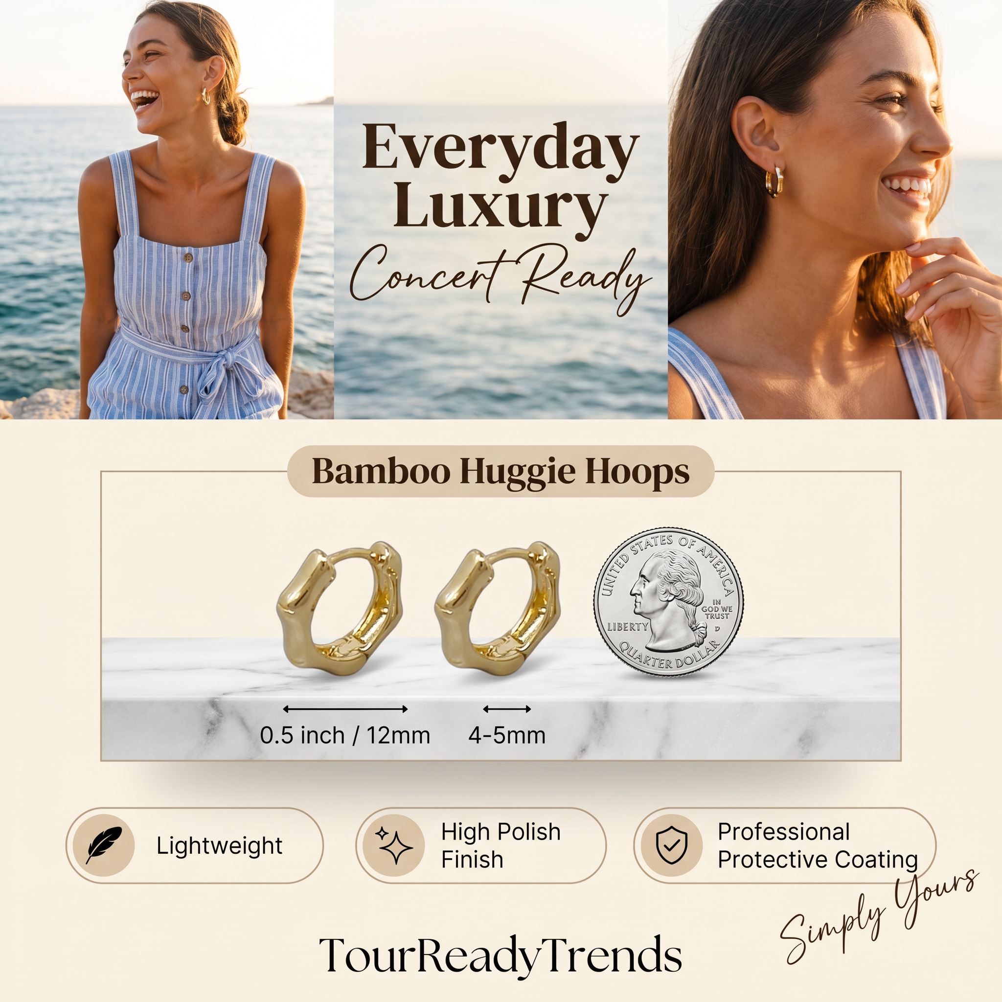 Image of Bamboo Huggie Hoop Earrings | Gold Nature Inspired Hoops