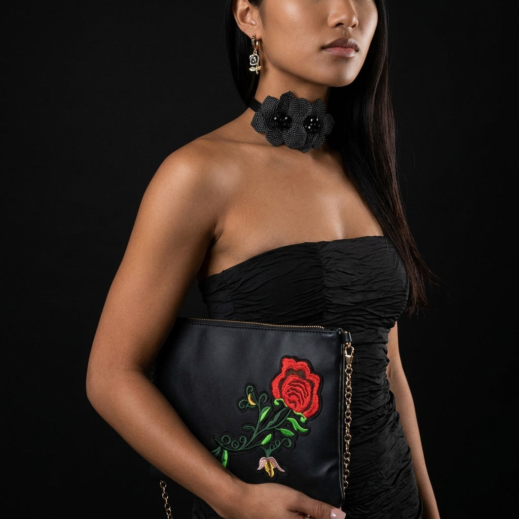 Image of Black & Red Rose Clutch Purse | Romantic Era