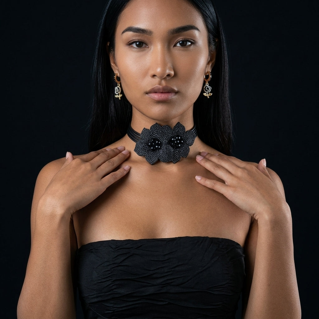 Image of Bejeweled Black Flower Choker | Rhinestone Necklace