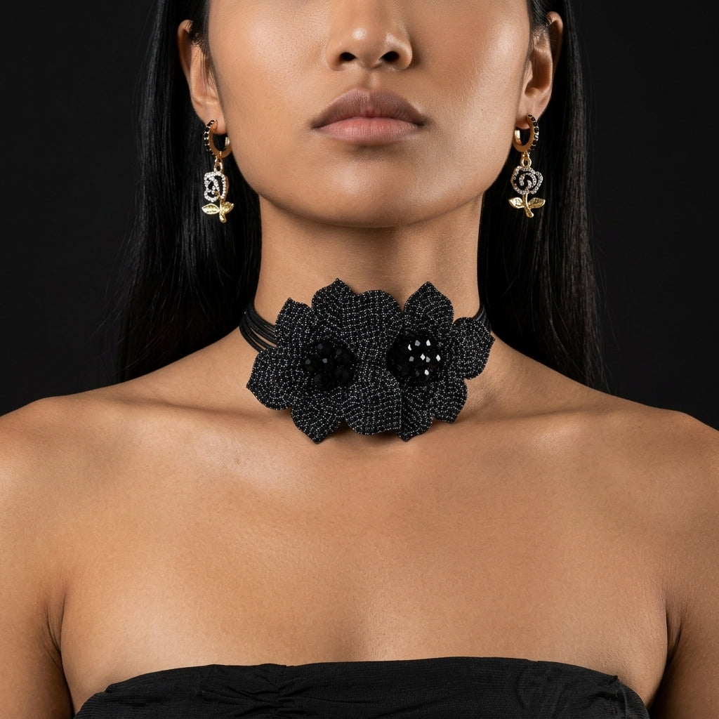 Image of Bejeweled Black Flower Choker | Rhinestone Necklace