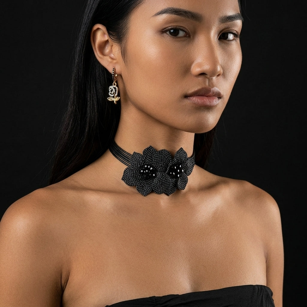 Image of Bejeweled Black Flower Choker | Rhinestone Necklace