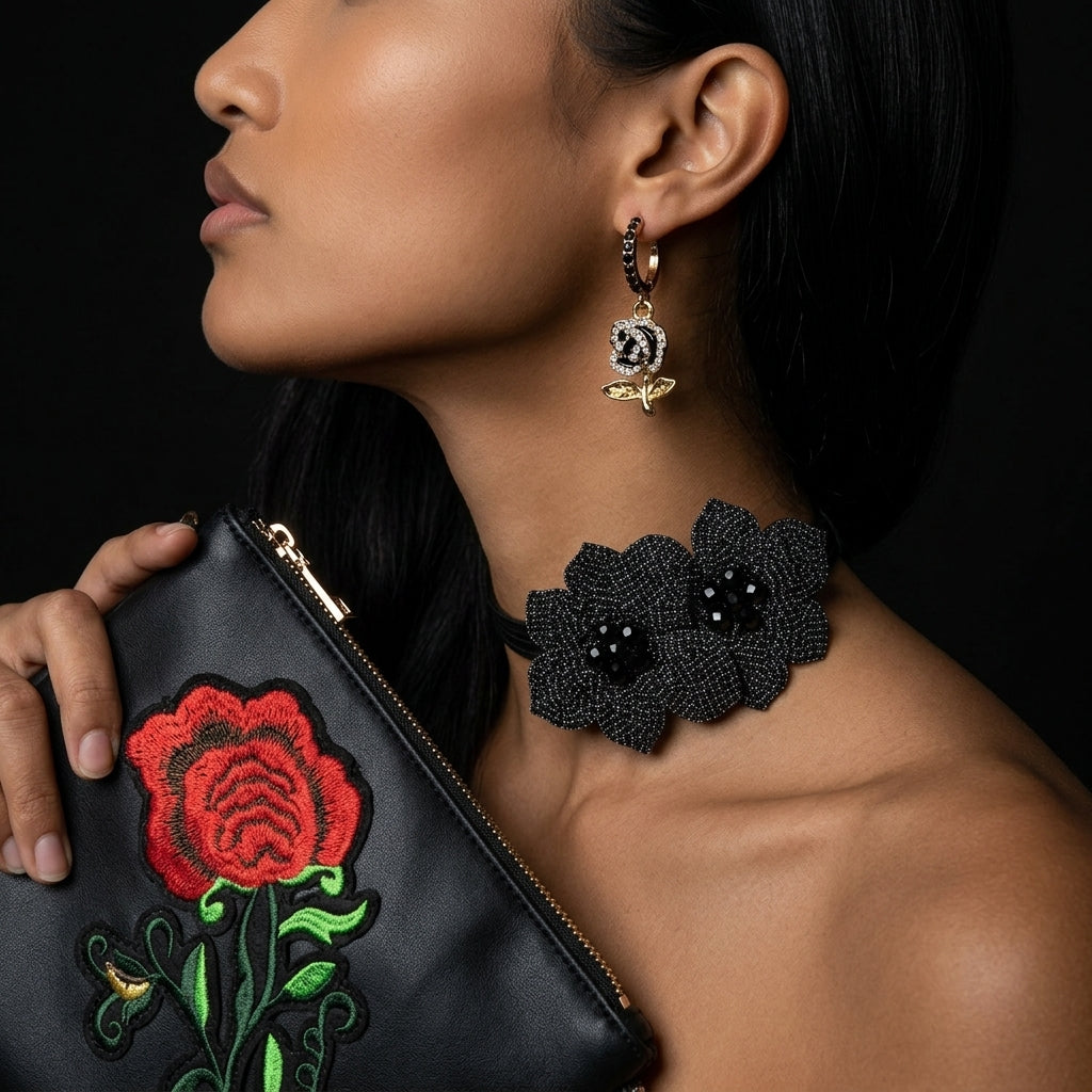 Image of Bejeweled Black Flower Choker | Rhinestone Necklace