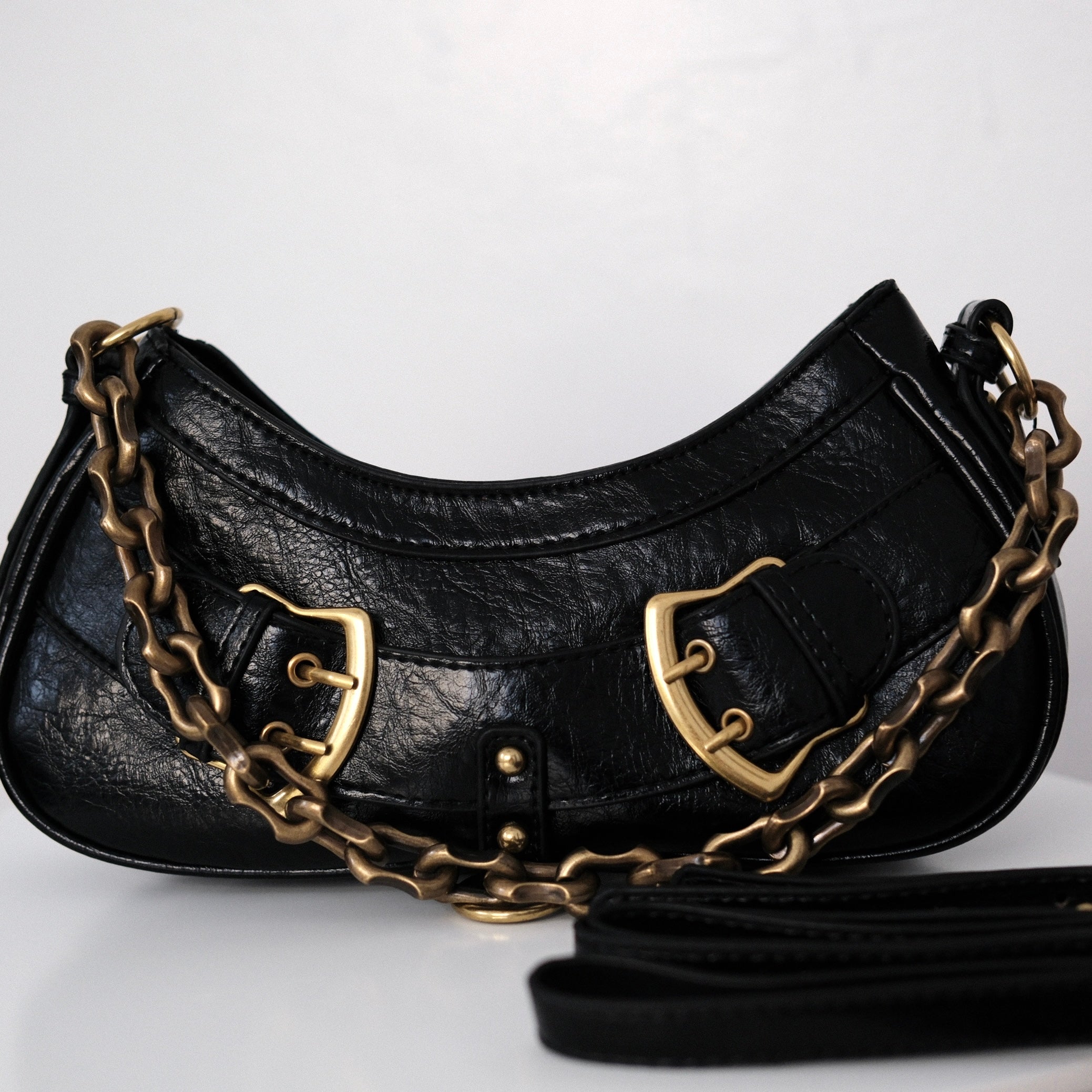 Image of Black Gold Chain Crescent Shoulder Bag