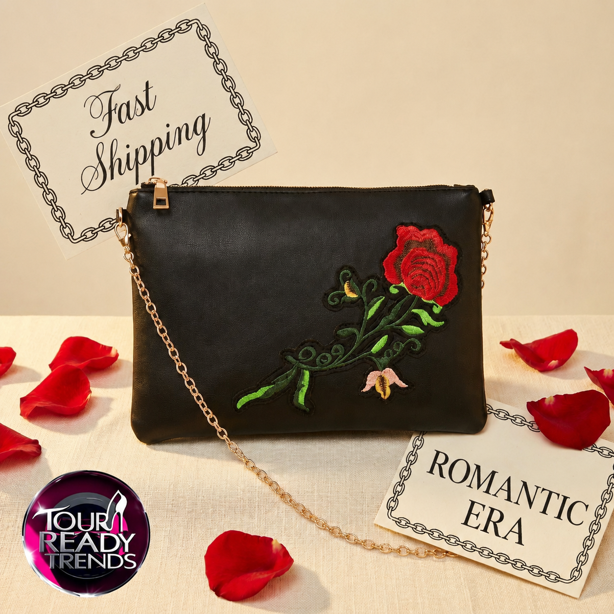 Image of Black & Red Rose Clutch Purse | Romantic Era