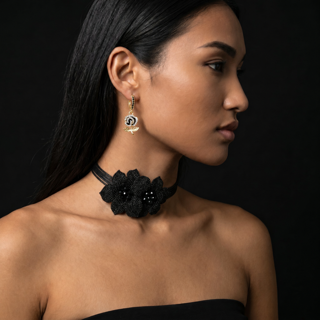 Image of Black Rhinestone Rose Huggie Hoop Earrings