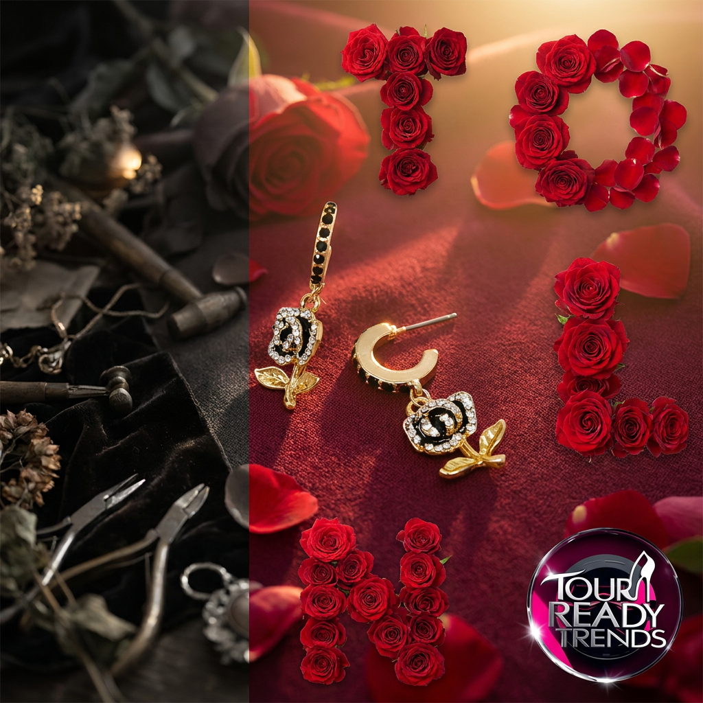 Image of Black Rhinestone Rose Huggie Hoop Earrings
