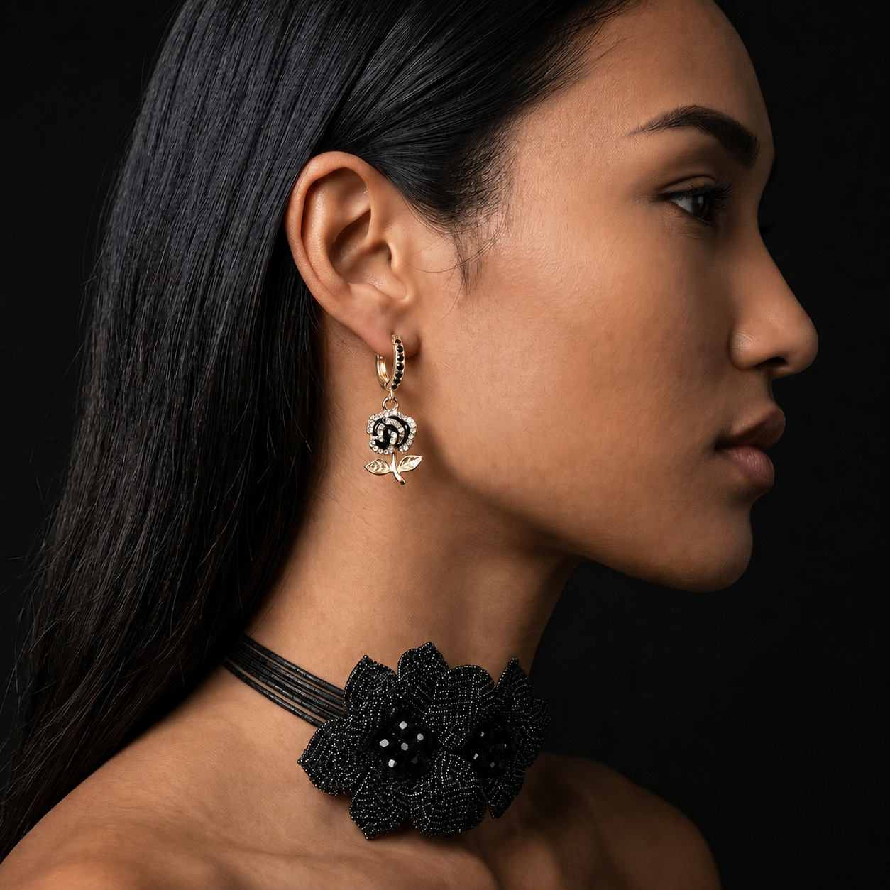 Image of Black Rhinestone Rose Huggie Hoop Earrings