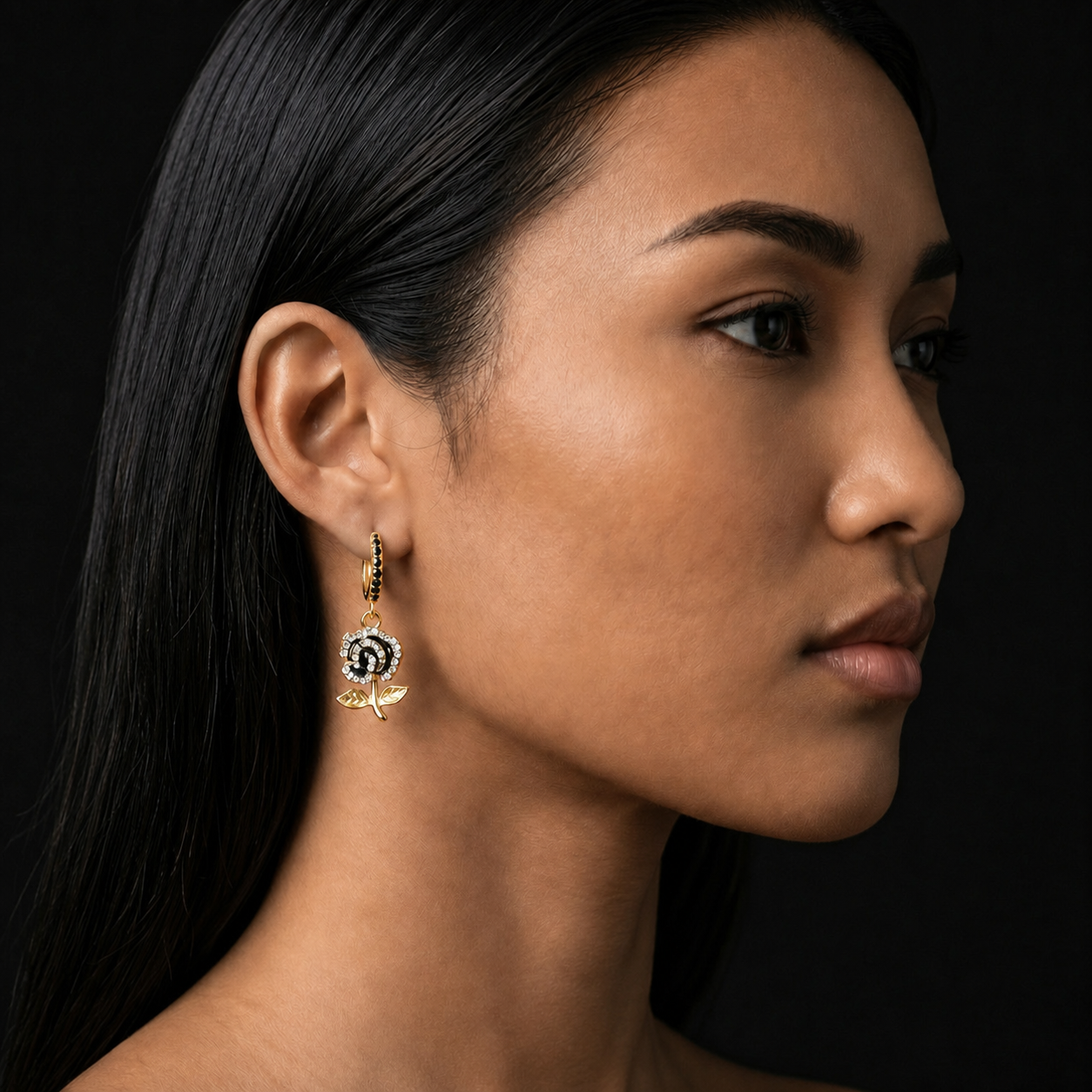 Image of Black Rhinestone Rose Huggie Hoop Earrings