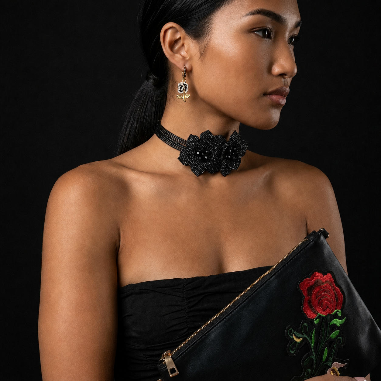 Image of Black Rhinestone Rose Huggie Hoop Earrings