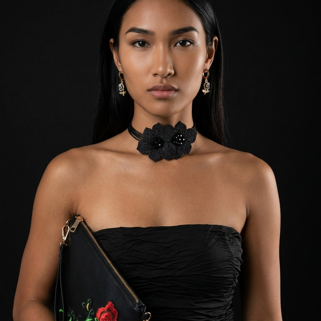 Image of Black Rhinestone Rose Huggie Hoop Earrings
