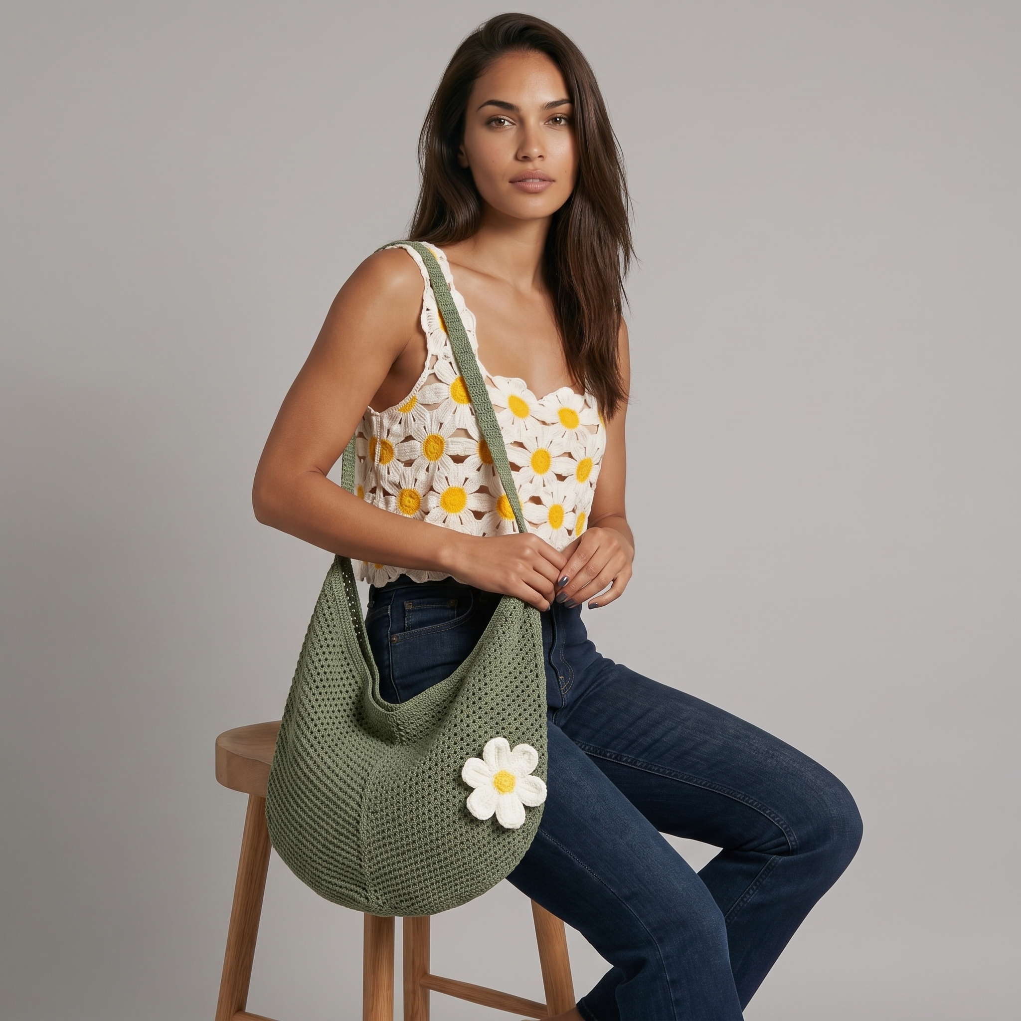 Image of Woman seated on a wooden stool with an olive boho crochet bag, dimensional daisy accent, garden setting
