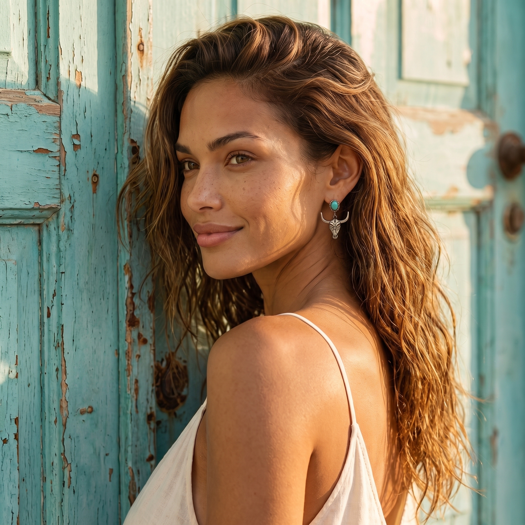 Image of Turquoise longhorn earrings, close-up on model