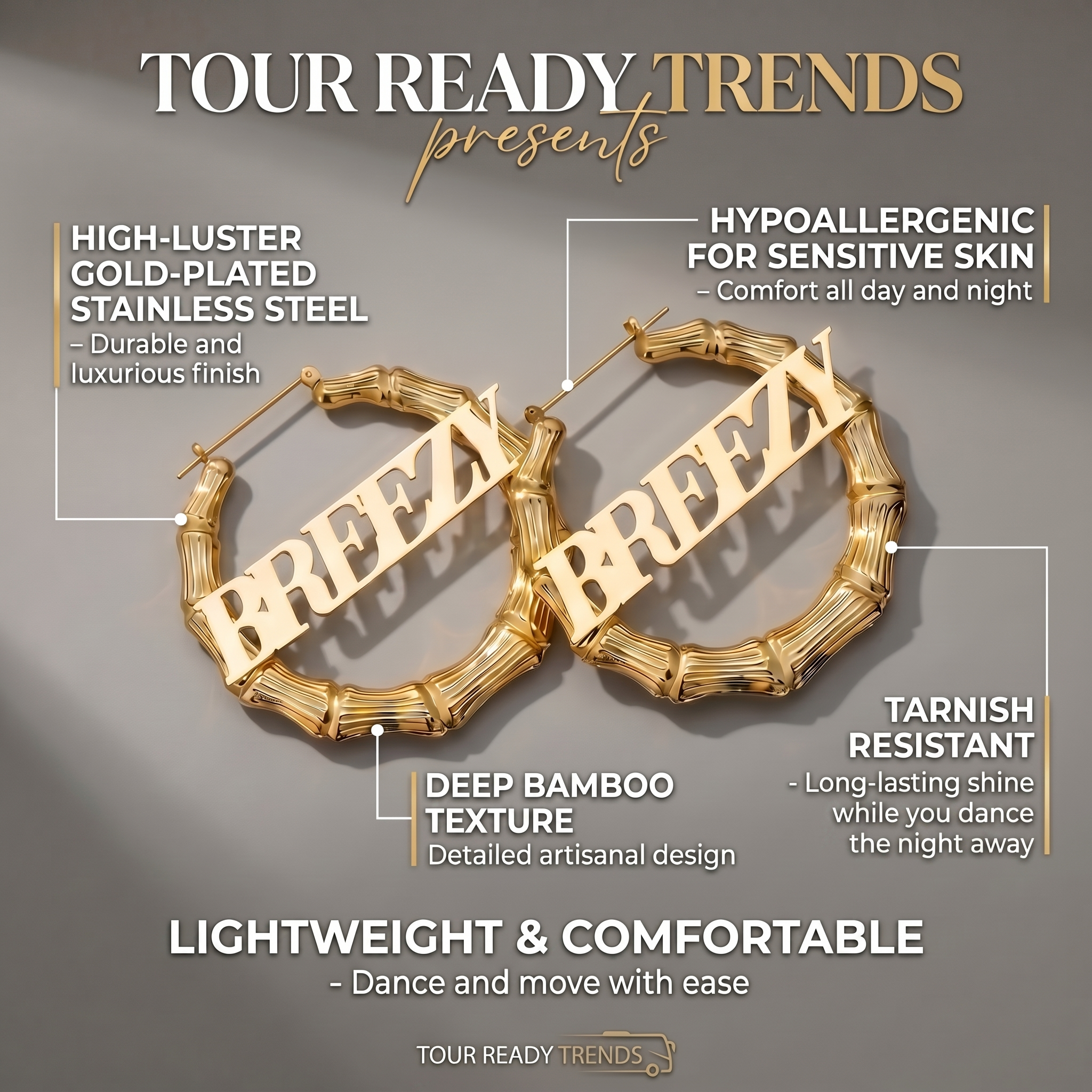 Image of Breezy 4-Ever Gold Bamboo Hoop Earrings | Raymond & Brown R & B Tour