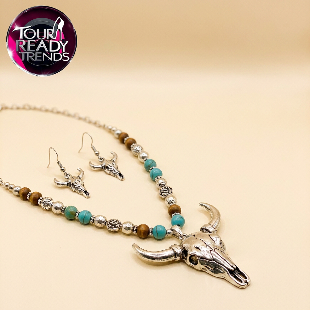 Image of Cowgirl necklace and earring set flat lay — turquoise, wood, and silver beaded bull skull pendant