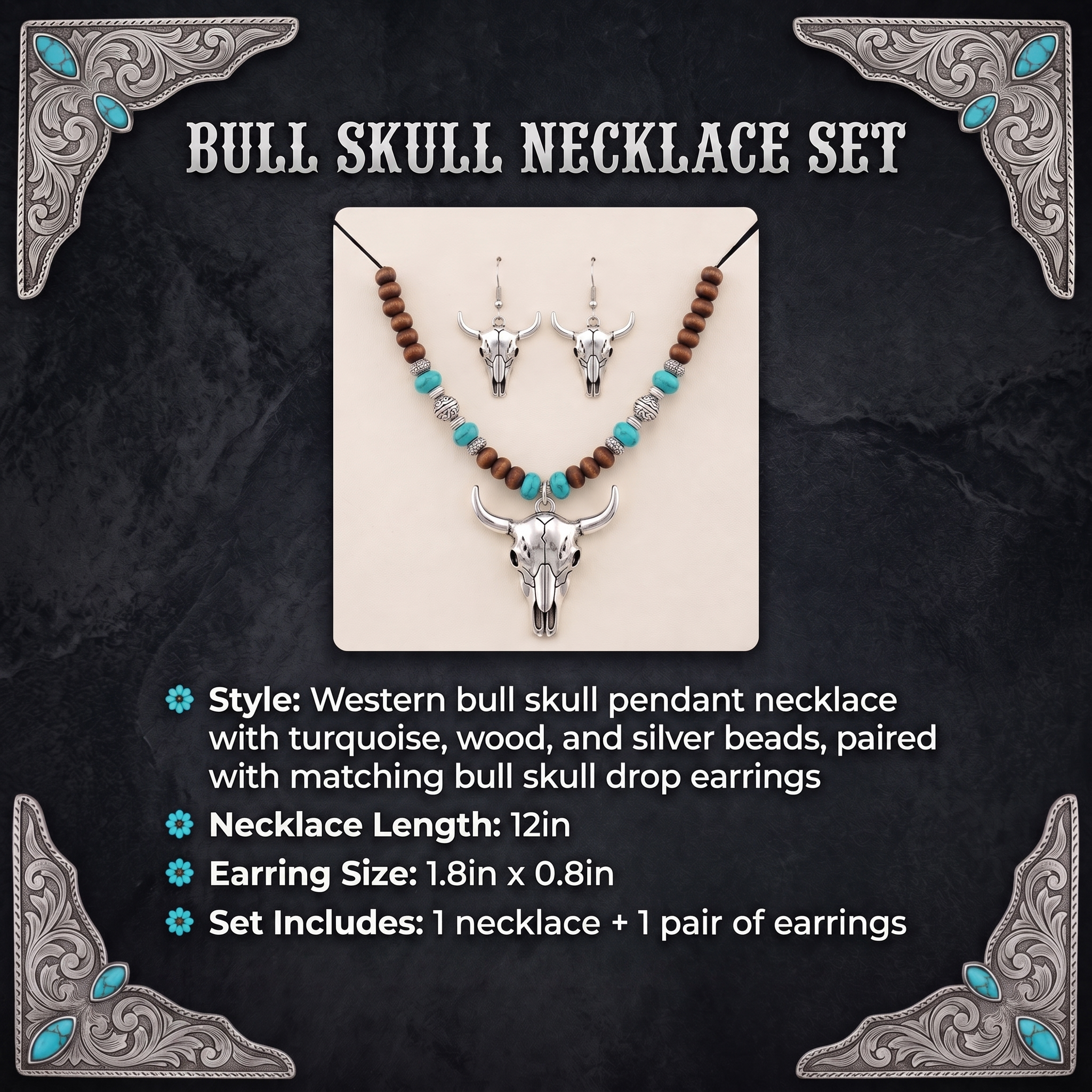 Image of Bull skull necklace set details — 12 inch turquoise wood bead necklace with matching drop earrings.