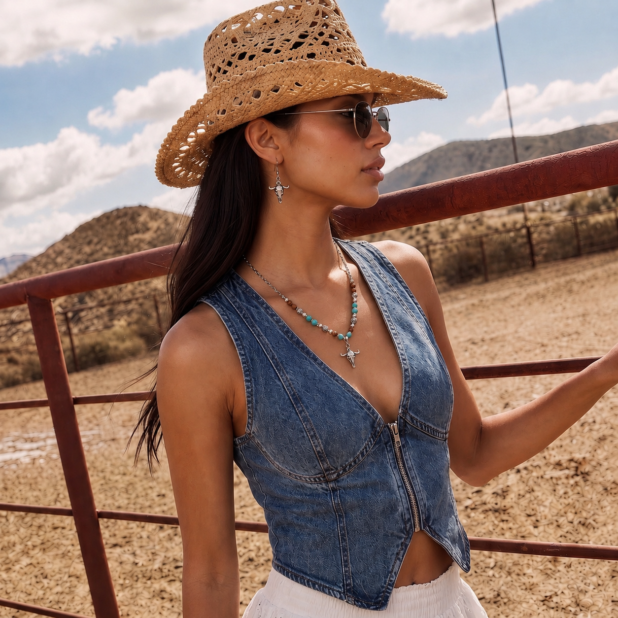 Image of A woman wearing a cowgirl necklace beaded with wooden beads and turquoise stone.