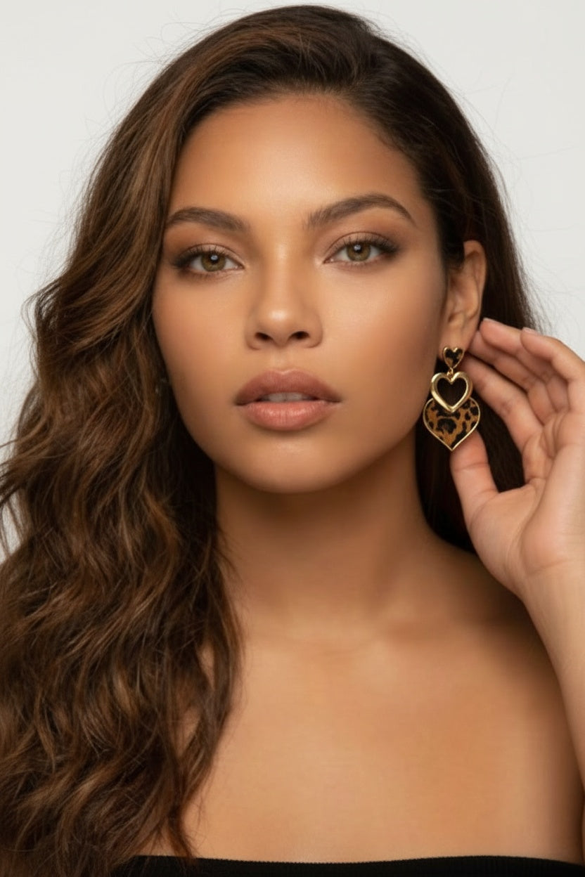 Image of Leopard Print Triple Heart Dangle Earrings