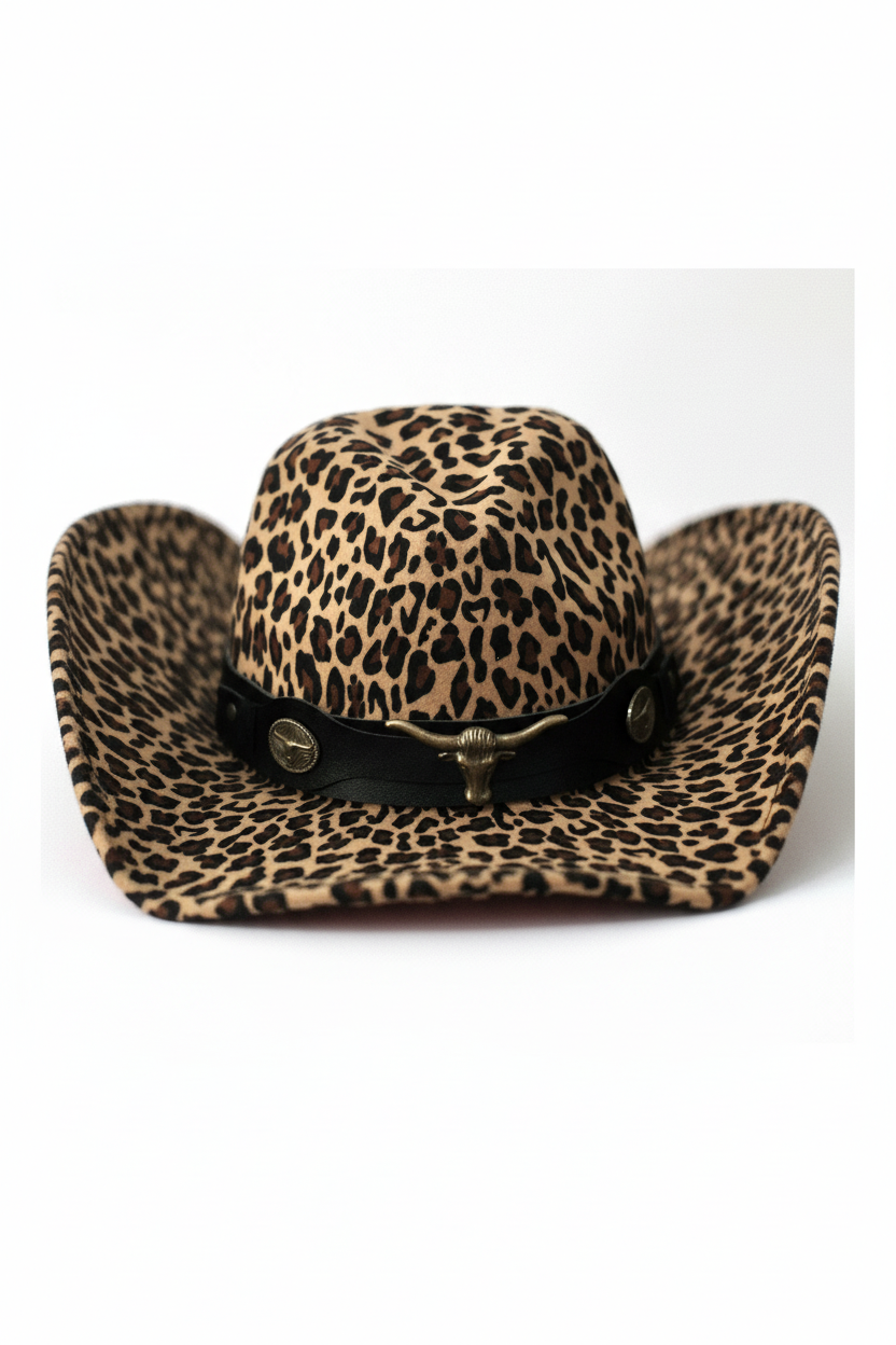 Image of Leopard Print Cowboy Hat with Longhorn
