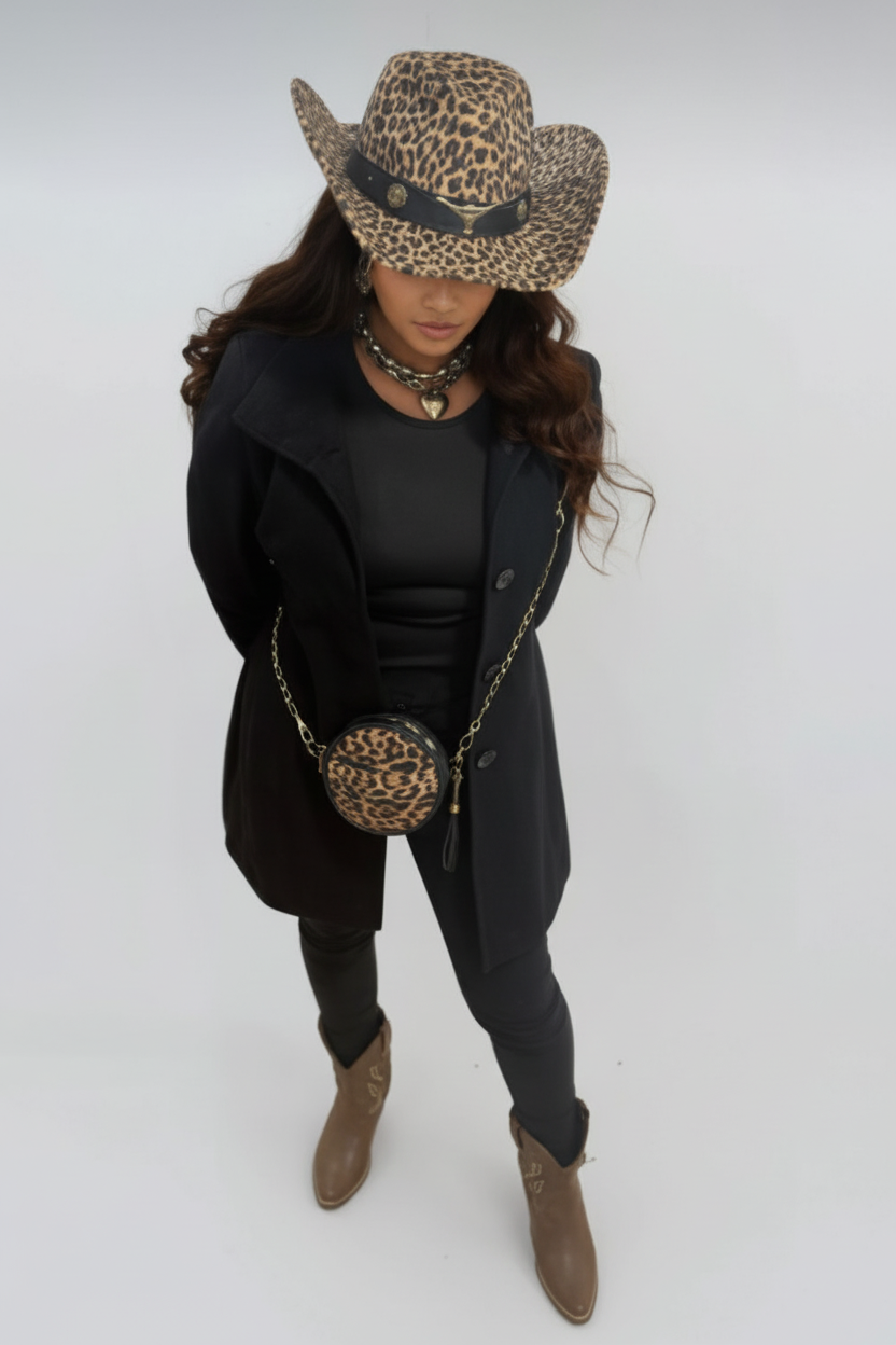 Image of Leopard Print Cowboy Hat with Longhorn