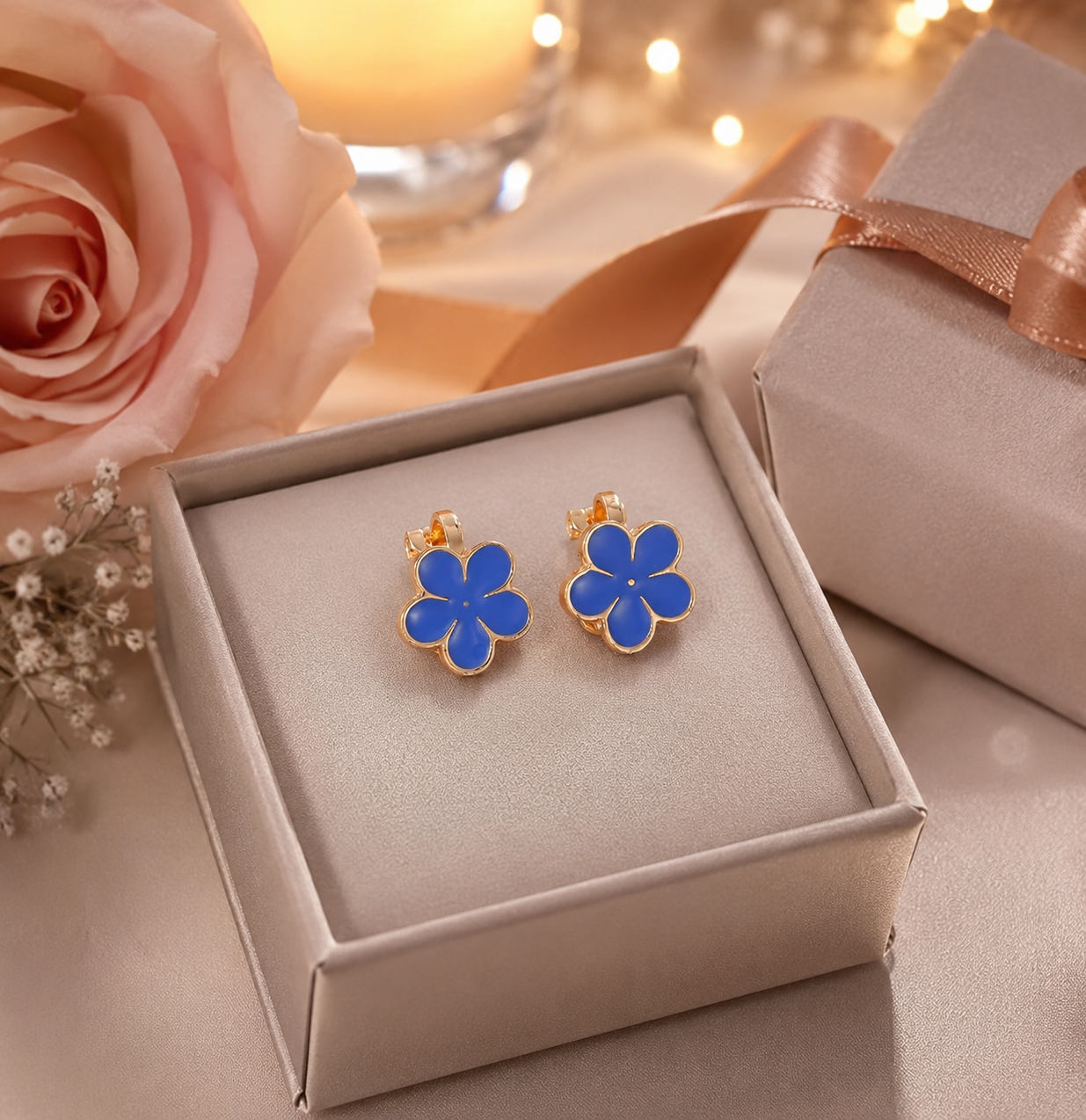 Image of A pair of gold-tone flower stud earrings with bright blue enamel centers, displayed in a beige jewelry box on a soft beige surface with a pink rose, ribbon, and gift box in the background.
